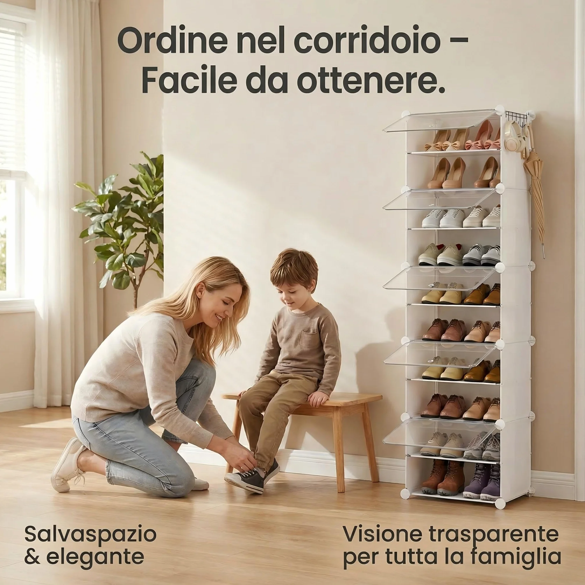 Scarpiera salvaspazio slim alta e stretta 10 livelli con porta bianca plastica modulare per ingresso corridoio camera da letto