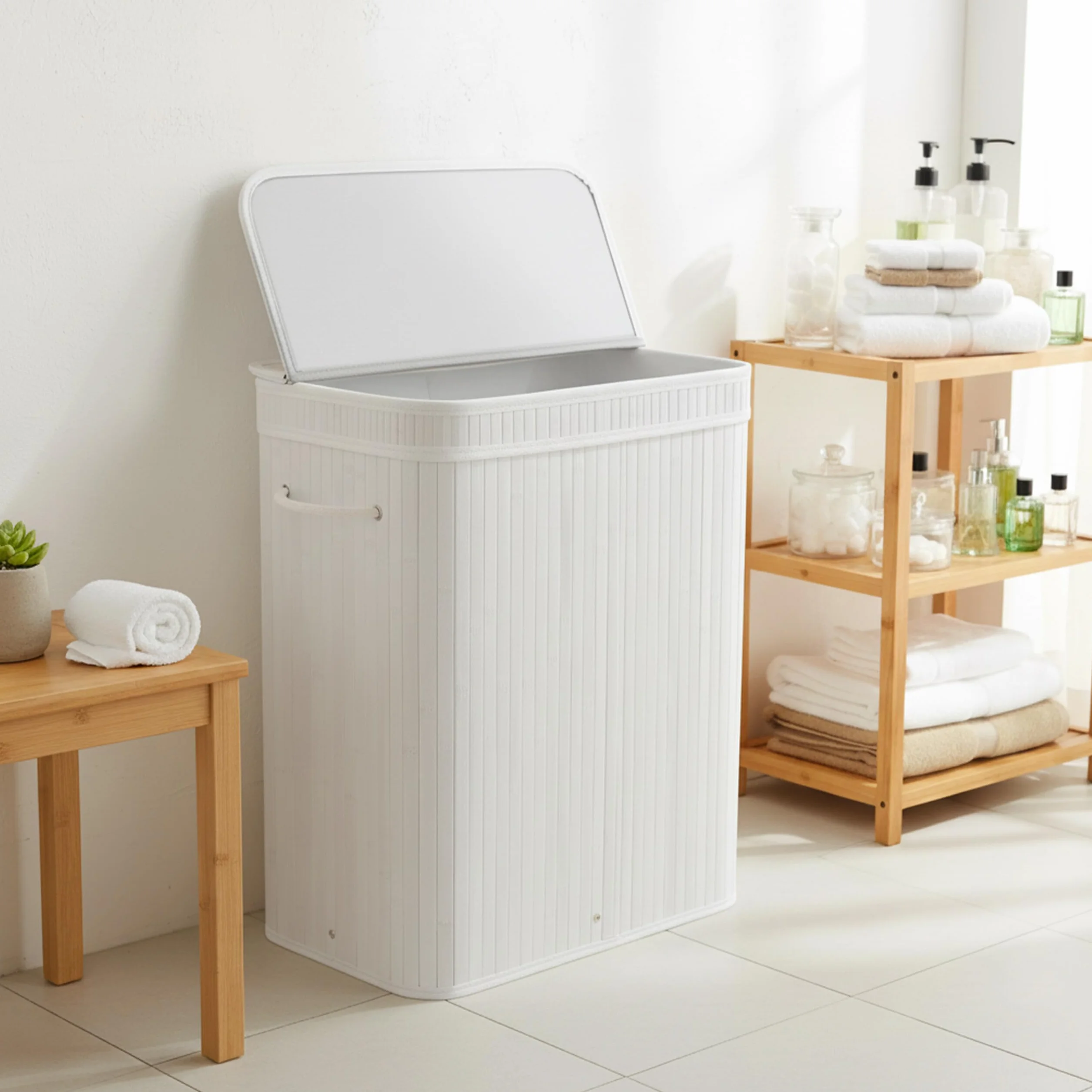 Relaxdays Cesto portabiancheria con Coperchio, bambù, 150 l, 3 Scomparti, HxLxP: 61,5x61x41,5 cm, Bagno, Bianco