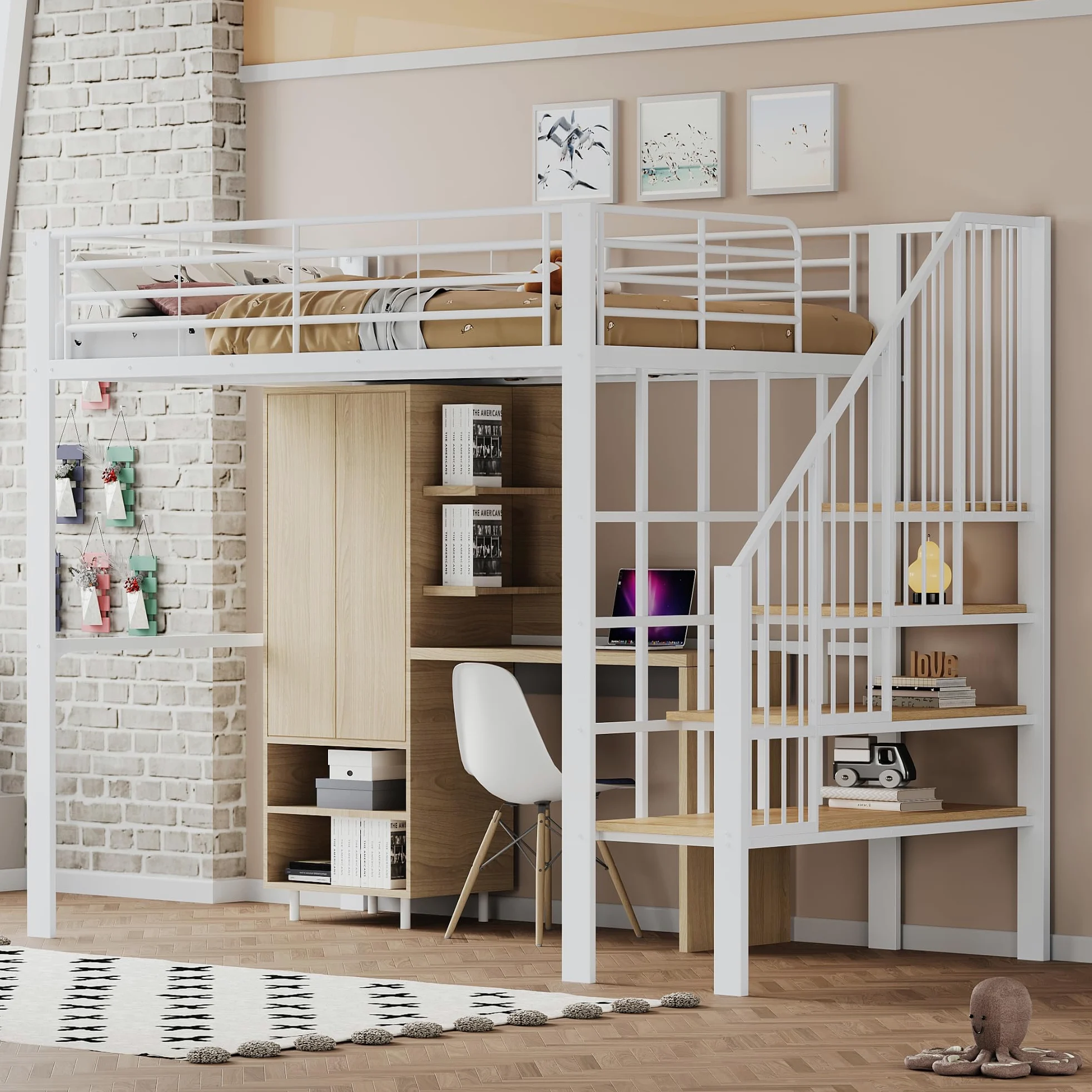 Letto a Soppalco 140x200 cm con Robusta Struttura in Metallo, Letto a Castello per bambini e e Adulti, Letto Multiuso con ampio spazio di stivaggio sotto il, Letto Bambini con Scala e Ringhiere