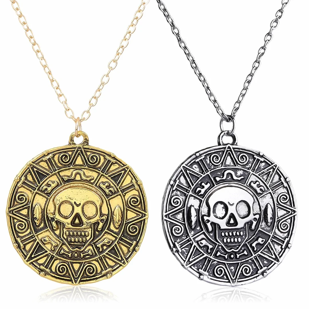 Collana Moneta Azteca Bussola Teschio Gioiello Pirata Carnevale Oro Argento