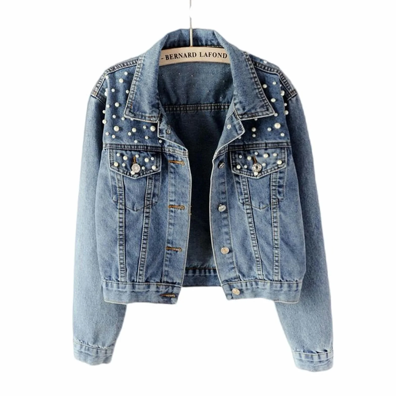 Giacca Corta in Denim da Donna con Perle Azzurro XL