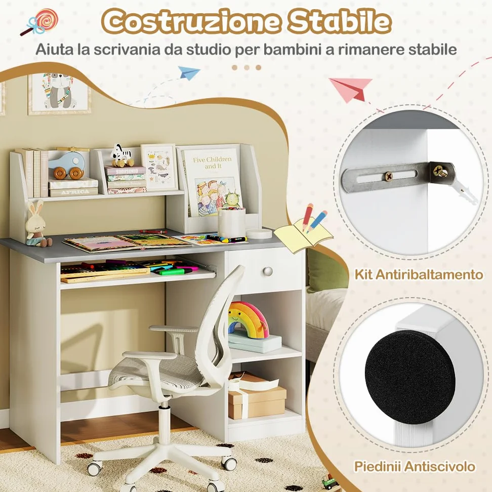 COSTWAY Scrivania per Bambini 3-6 Anni, Tavolo in Legno con Vassoio per Tastiera e Cassetto, Libreria Laterale e Mensole Superiori e Ampio Piano del Tavolo, Ideale per Cameretta (Grigio)
