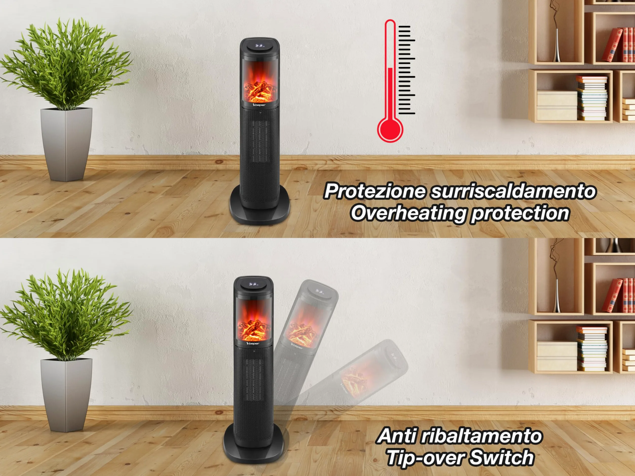 BEPER P203TER010 Termoventilatore ceramico a colonna, 2000w, Pannello di controllo touch, Fiamma LED, Telecomando incluso, Nero