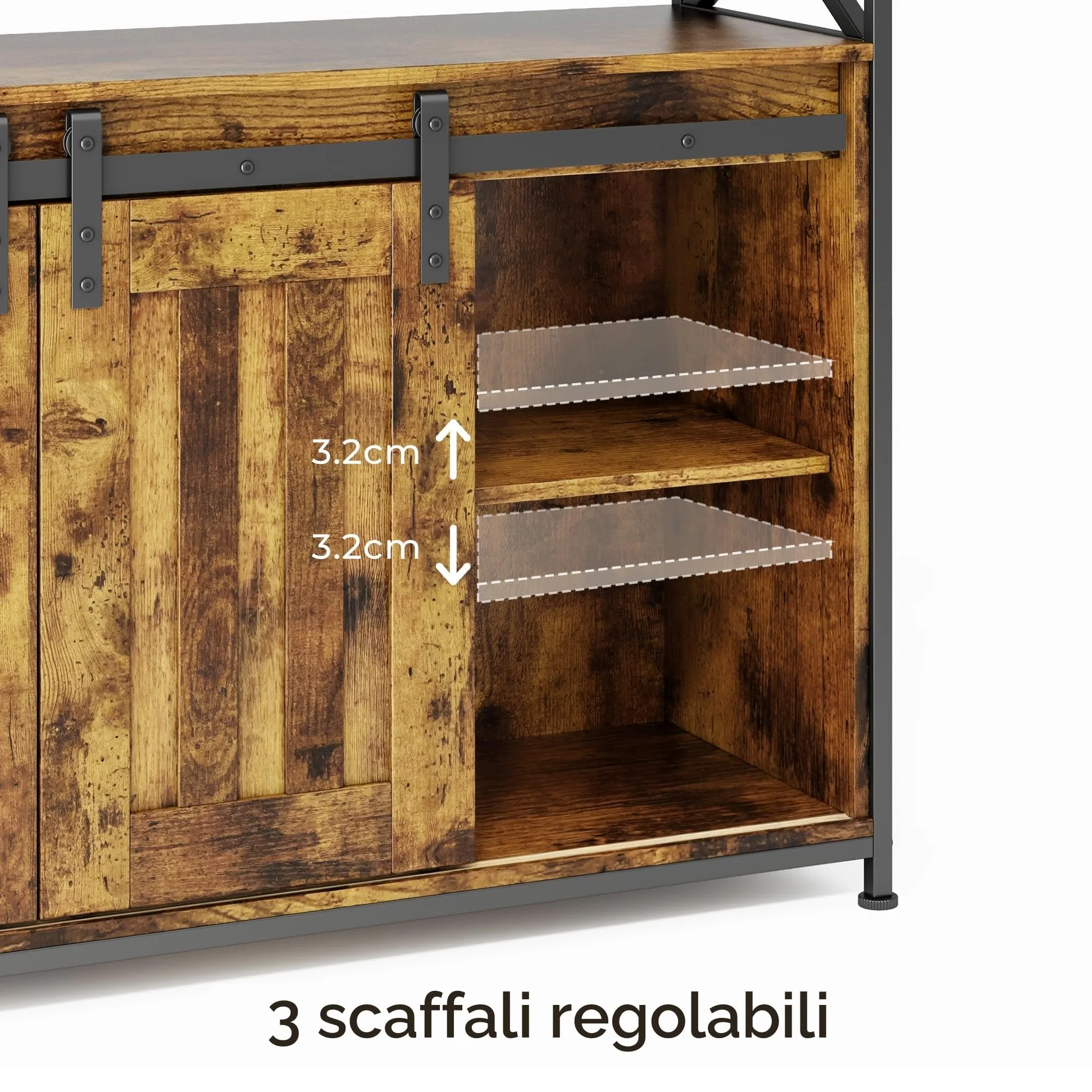 Credenza per Soggiorno Stile Country, con 2 Ante Scorrevoli, Ripiani Regolabili, Mobile Organizzatore in Legno, 33 x 100 x 80 cm, Retro
