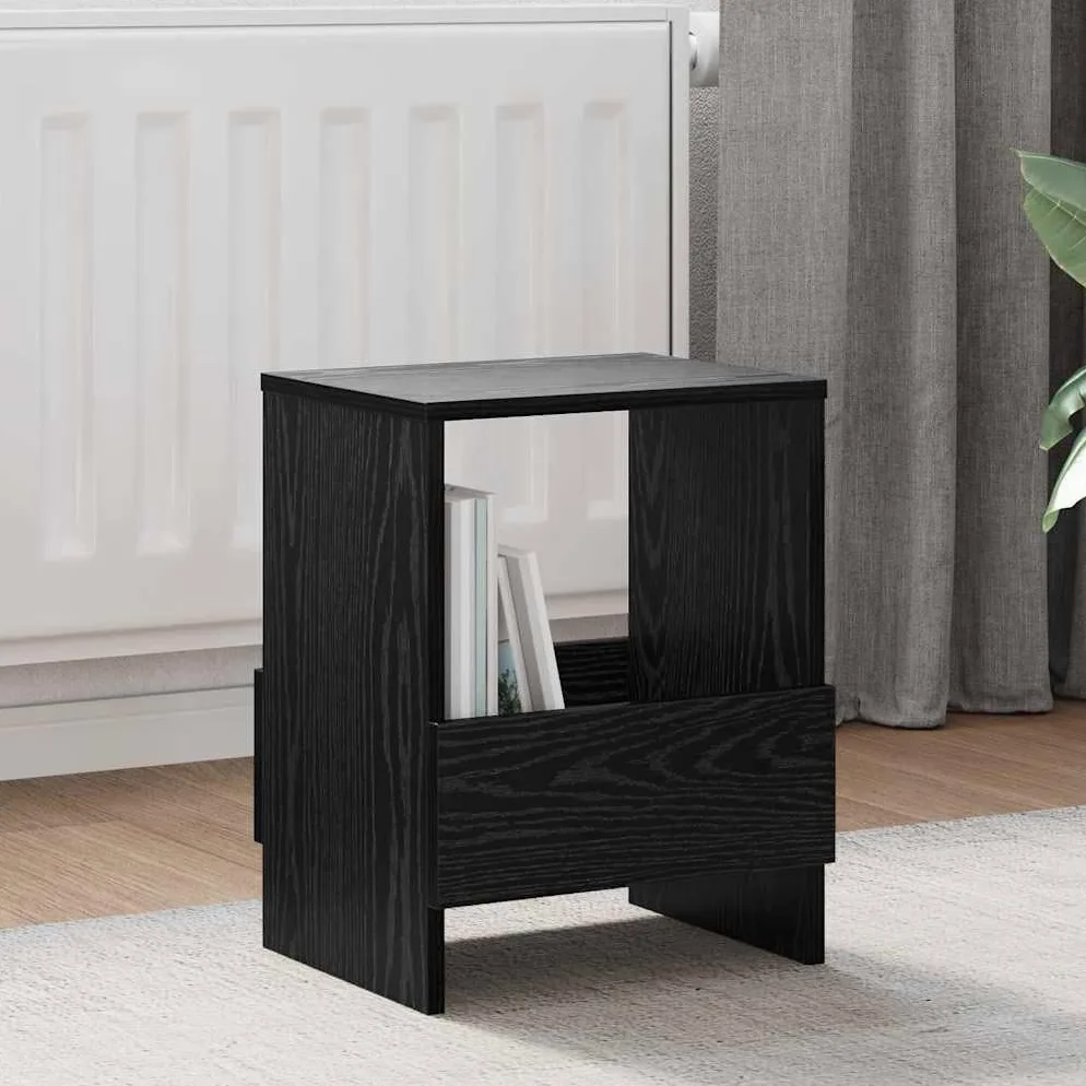 Scaffale portariviste nero effetto quercia in legno, 35 x 30 x 45 cm, con portariviste e cestino per giornali, per soggiorno, ufficio, angolo lettura, in piedi per riporre e organizzare