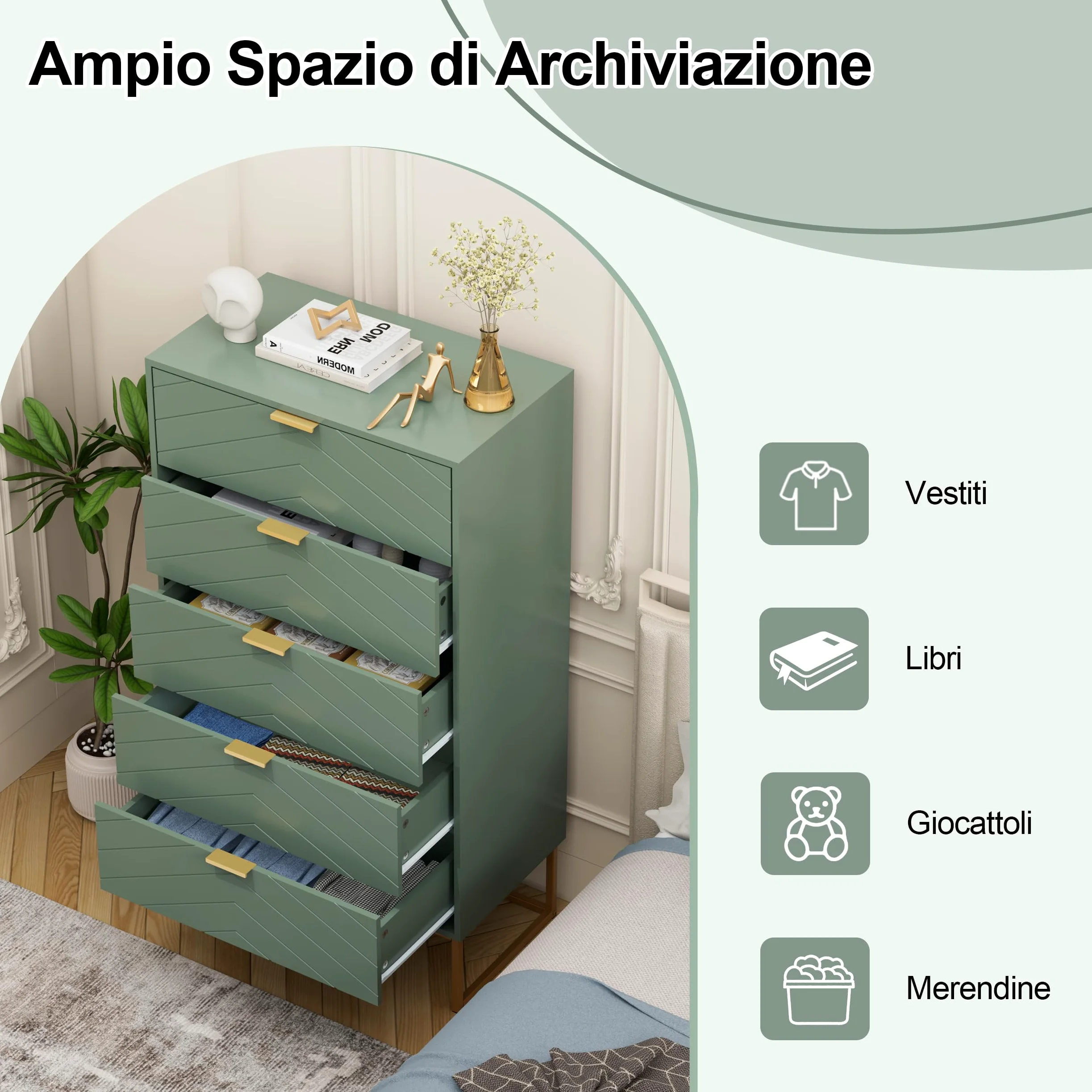 UEV Cassettiera Camera da Letto, Settimino con 5 Cassetti e Motivo di Linea, Mobiletto Moderno e Pratico, Sicuro Design Antiribaltamento, 60x34x110cm, Verde