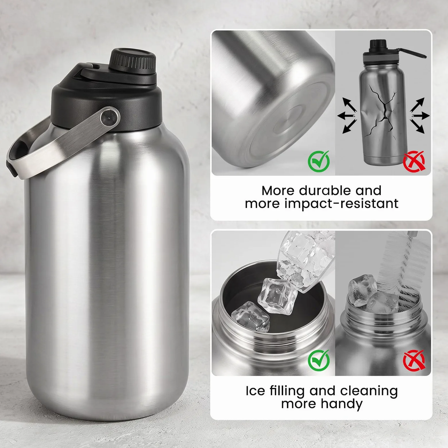Kerilyn Borraccia termica con bocca larga, in acciaio inox da 3,6 litri, per bevande calde e fredde, grande bottiglia d'acqua con manico, grande brocca d'acqua per sport, viaggi