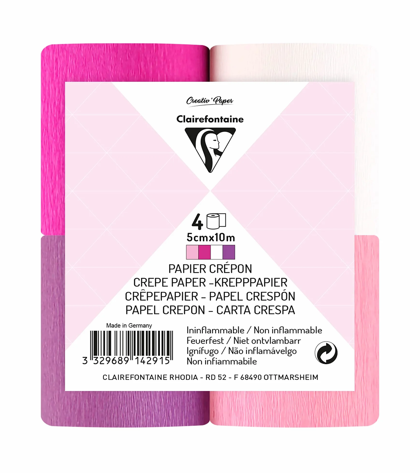 Clairefontaine Zestaw 4 taśm papieru krepowego ognioodpornego 5 cm x 10 m niepalny mix różowy 4 kolory DIY