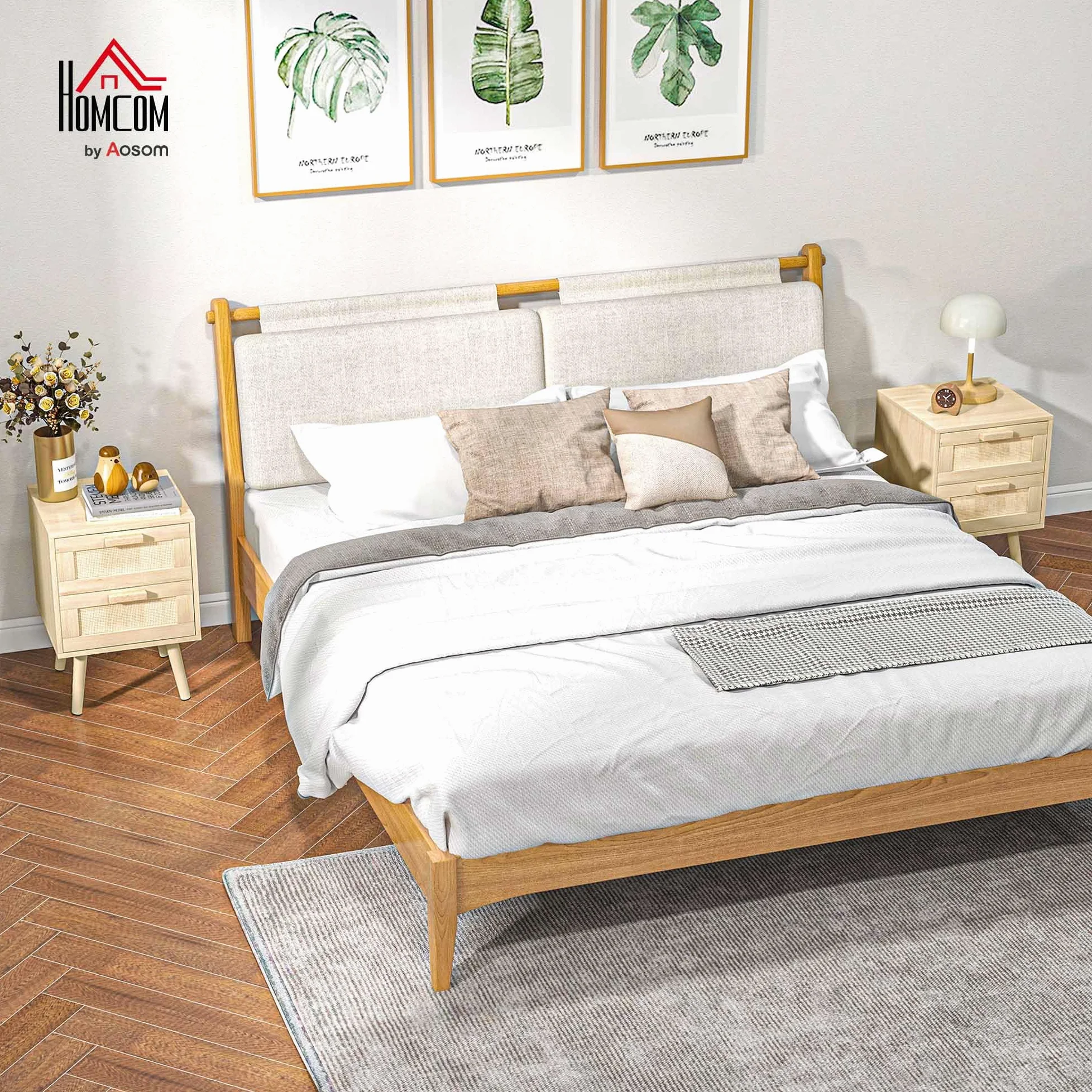 HOMCOM Set di 2 Comodini per Camera da Letto, Comodini Stile Boho Eleganti con 2 Cassetti, 40x40x56cm, Colore Legno Naturale