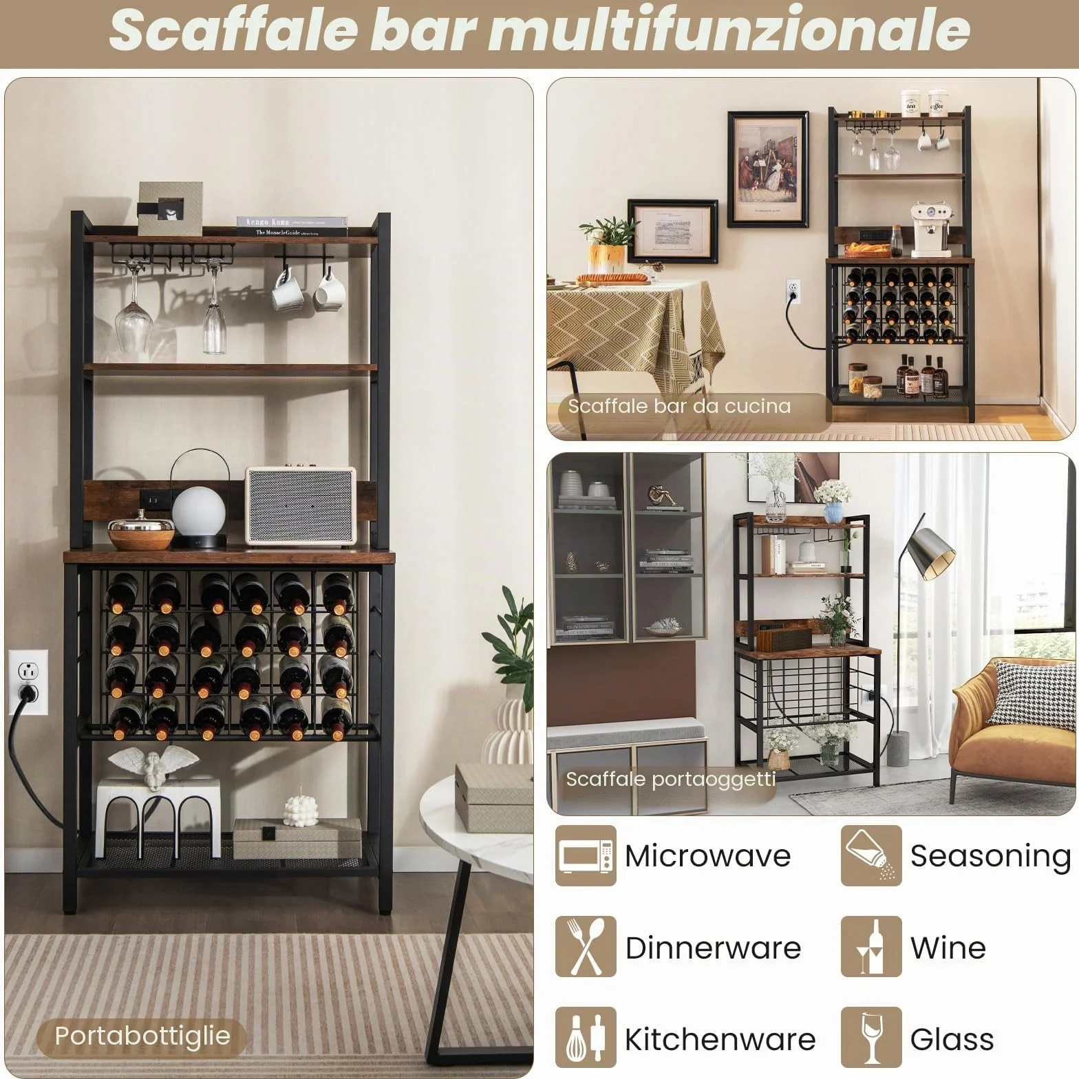 GIANTEX Scaffale Da Cucina Con Prese e Porte Usb, Armadietto Per Vino Con Supporto In Vetro Per 24 Bottiglie e 9 Bicchieri, Scaffale a 4 Livelli, 76 x 48 x 163 cm