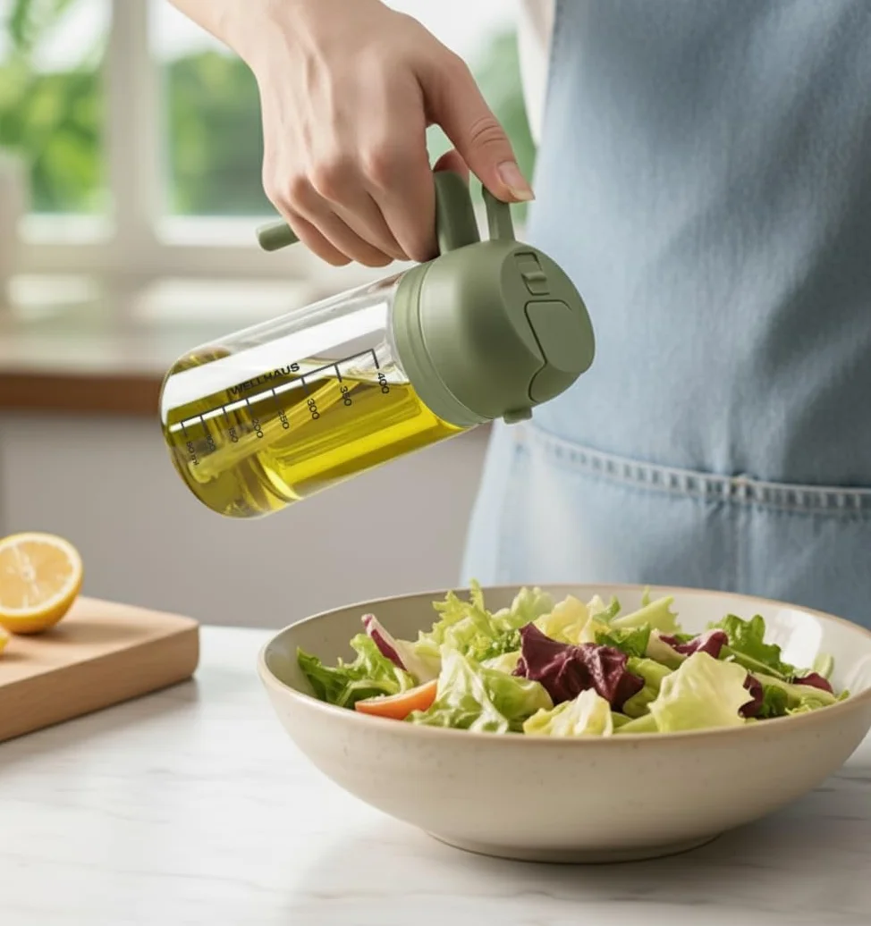 Dispenser per olio d'oliva & spray per olio 2in1 – 470 ml, flacone in vetro con protezione UV, a tenuta di luce, erogatore per olio & spray per olio per friggitrice ad aria, cucina, cottura