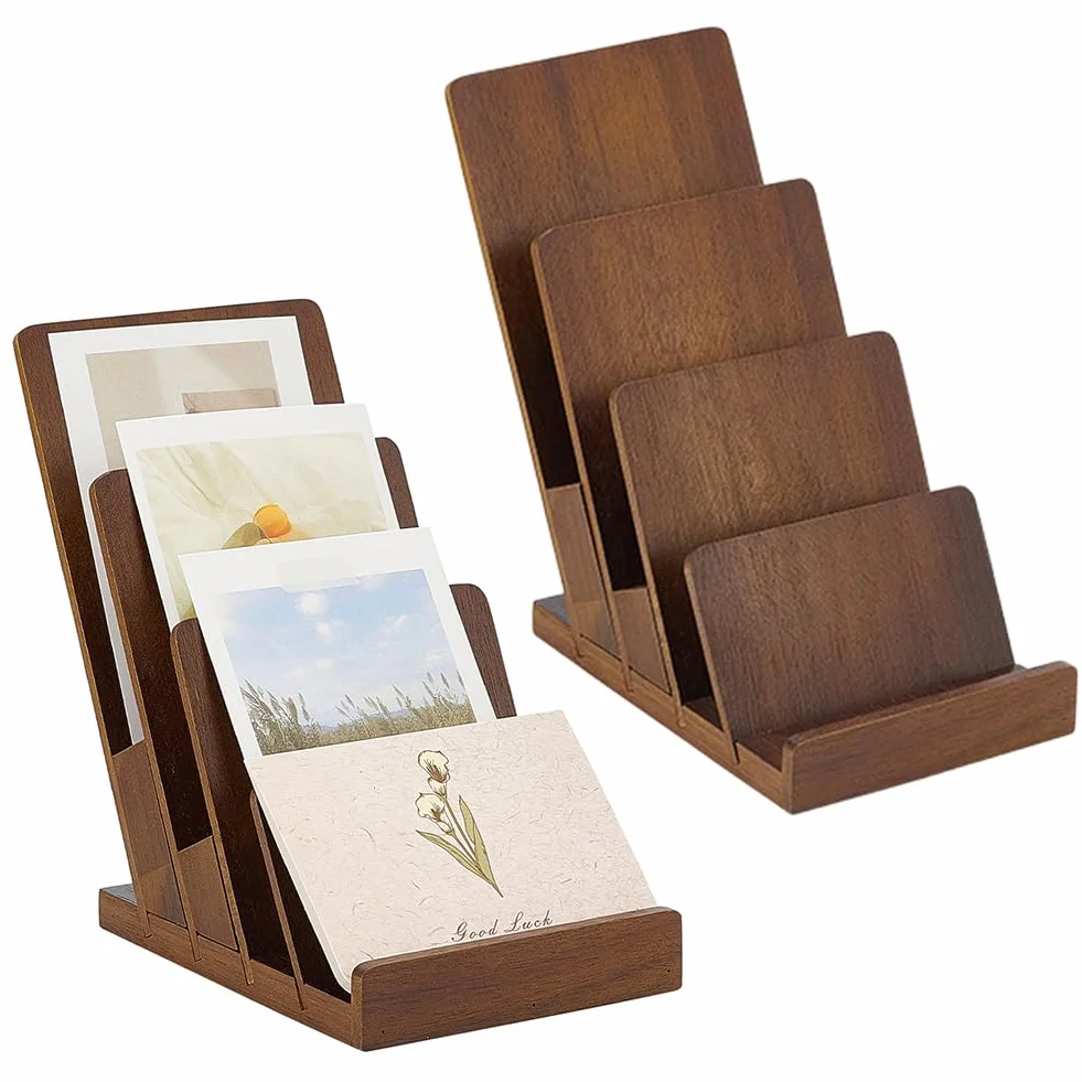 2 supporti per brochure in legno a 4 ripiani, 11,5 x 16,7 x 19,6 cm, supporto per riviste e opuscoli, per ufficio e ristorante