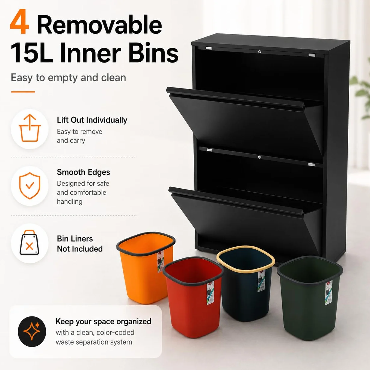 Sistema di raccolta differenziata con 4 contenitori da 15 l, pattumiera da cucina con armadio (nero) | 56 x 24,5 x 91 cm, acciaio laminato a freddo, 4 contenitori da 15 l, montaggio a parete, per cucina, ufficio, commercio