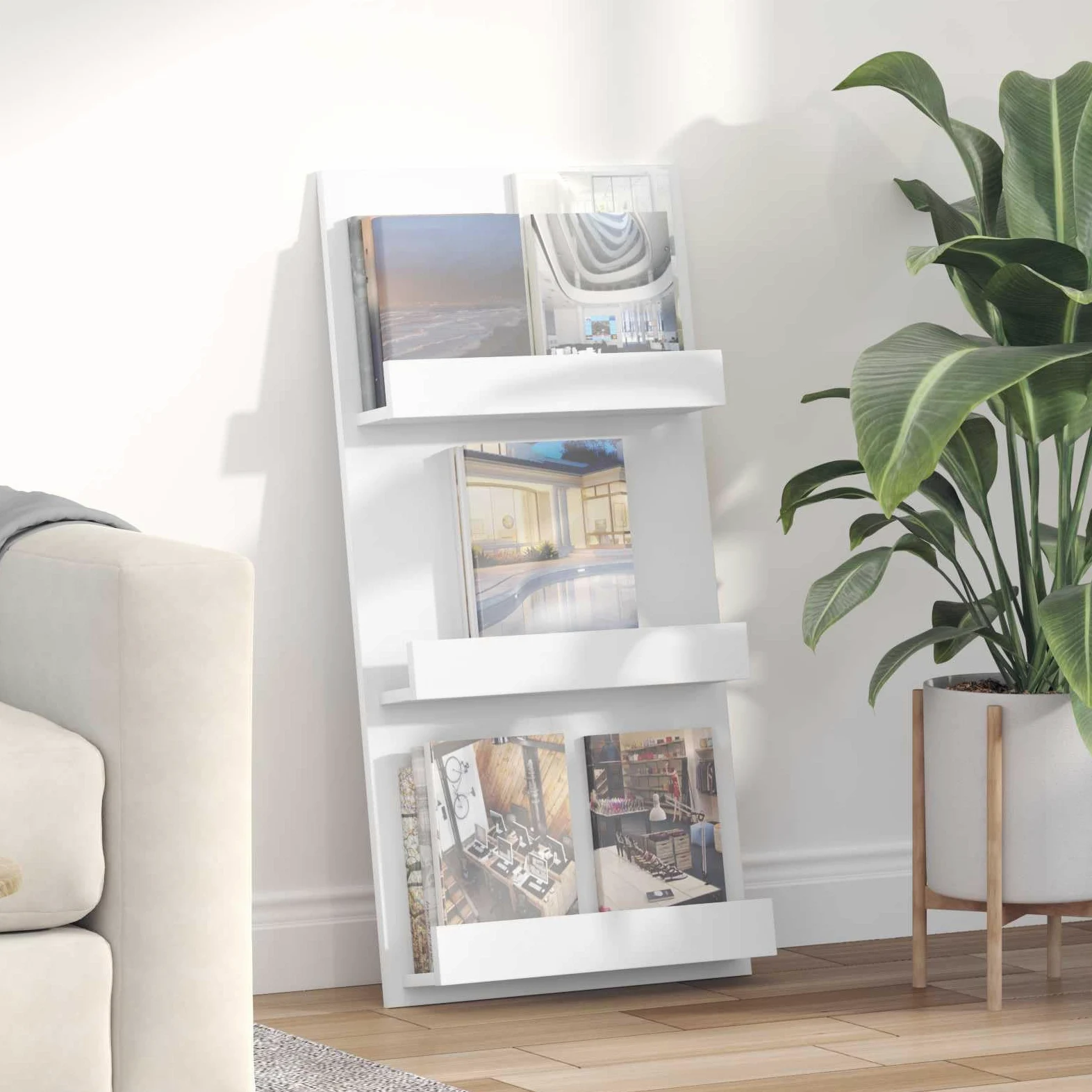 Portariviste bianco in legno 51 x 11 x 102 cm con 3 ripiani, versatile portariviste e organizer per soggiorno, ufficio e angolo di lettura