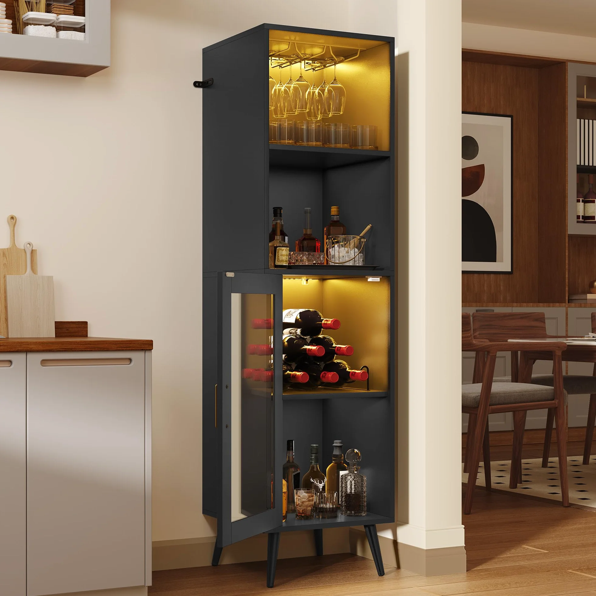 YITAHOME Armadietto da bar con luci LED regolabili, caffetteria con portabottiglie e ganci e anta in acrilico, credenza da cucina per buffet per casa, bar, sala da pranzo, soggiorno, nero