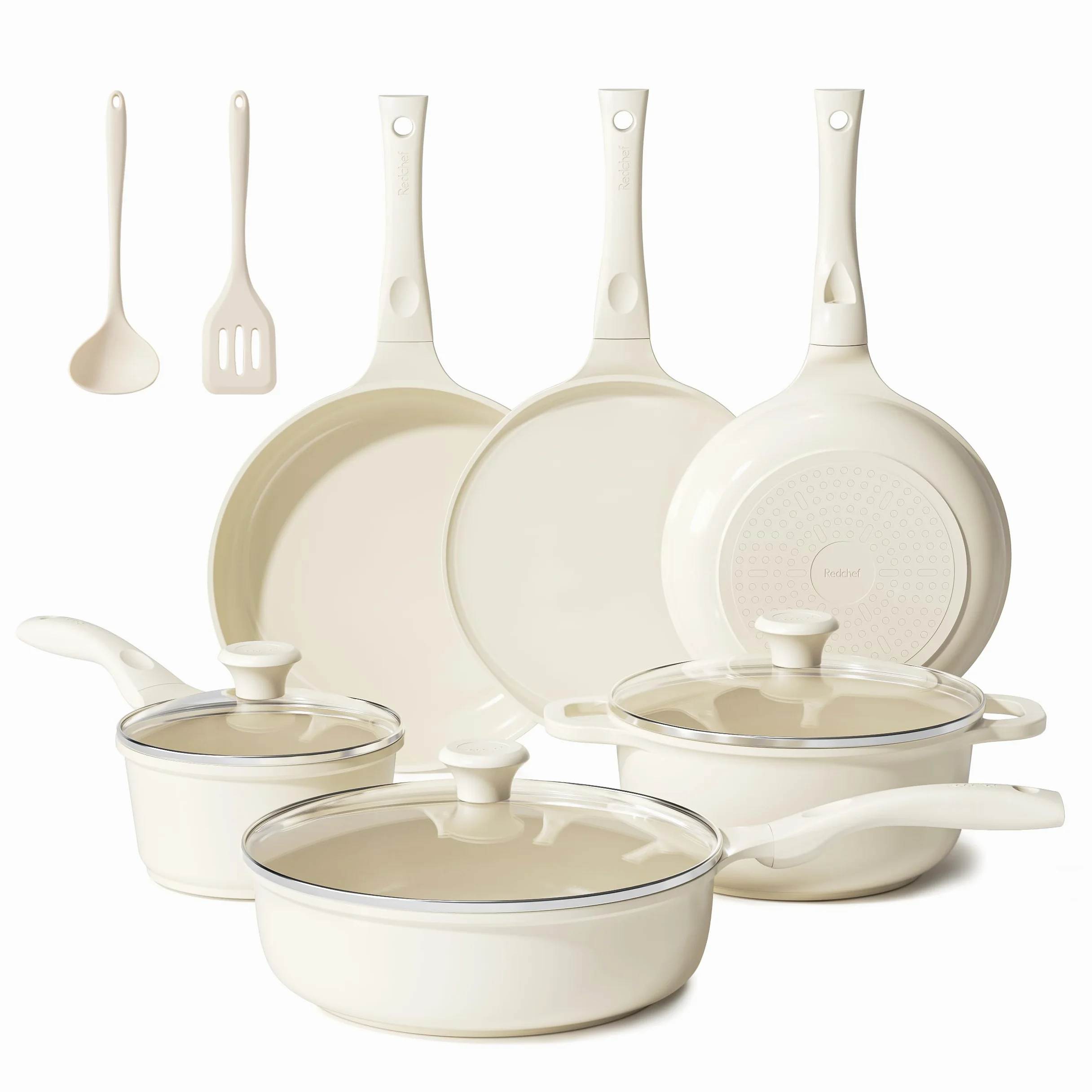 Redchef Set di 11 pentole in ceramica con coperchio in vetro - Senza PTFE - Senza PFAS - Adatto a tutti i tipi di piano cottura - Lavabile in lavastoviglie (beige)