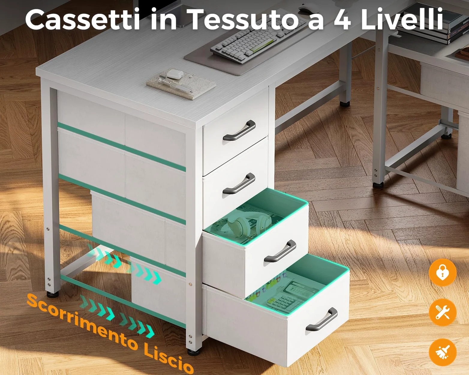 Coleshome Scrivania Angolare con Tessuto Cassetti, 140x80cm Reversibile Scrivania a l con Cassetto Portadocumenti, Scrivania per Computer con Porta di Ricarica USB e Presa di Corrente, Bianco