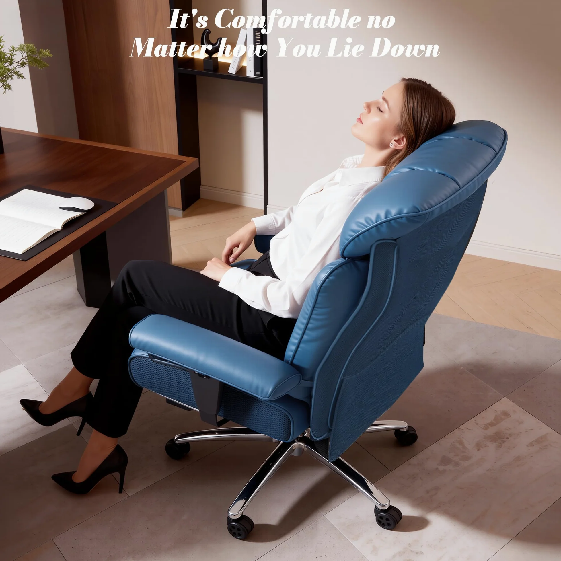 Efomao Sedia da Ufficio Ergonomica, Poltrona Direzionale in Ecopelle PU con Poggiapiedi Estraibile, Sedia da Scrivania Reclinabile con Imbottitura Spessa, Supporto Lombare, Portata 200kg (blu)