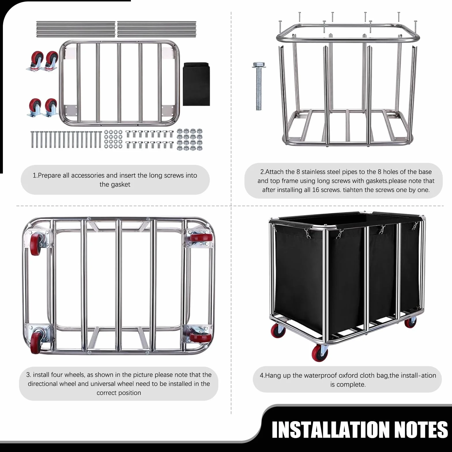 Carrello portabiancheria commerciale, grande 400 litri con tela impermeabile rimovibile, cesto portabiancheria in acciaio inossidabile resistente con ruote per hotel e ospedale, carico di 199,6 kg