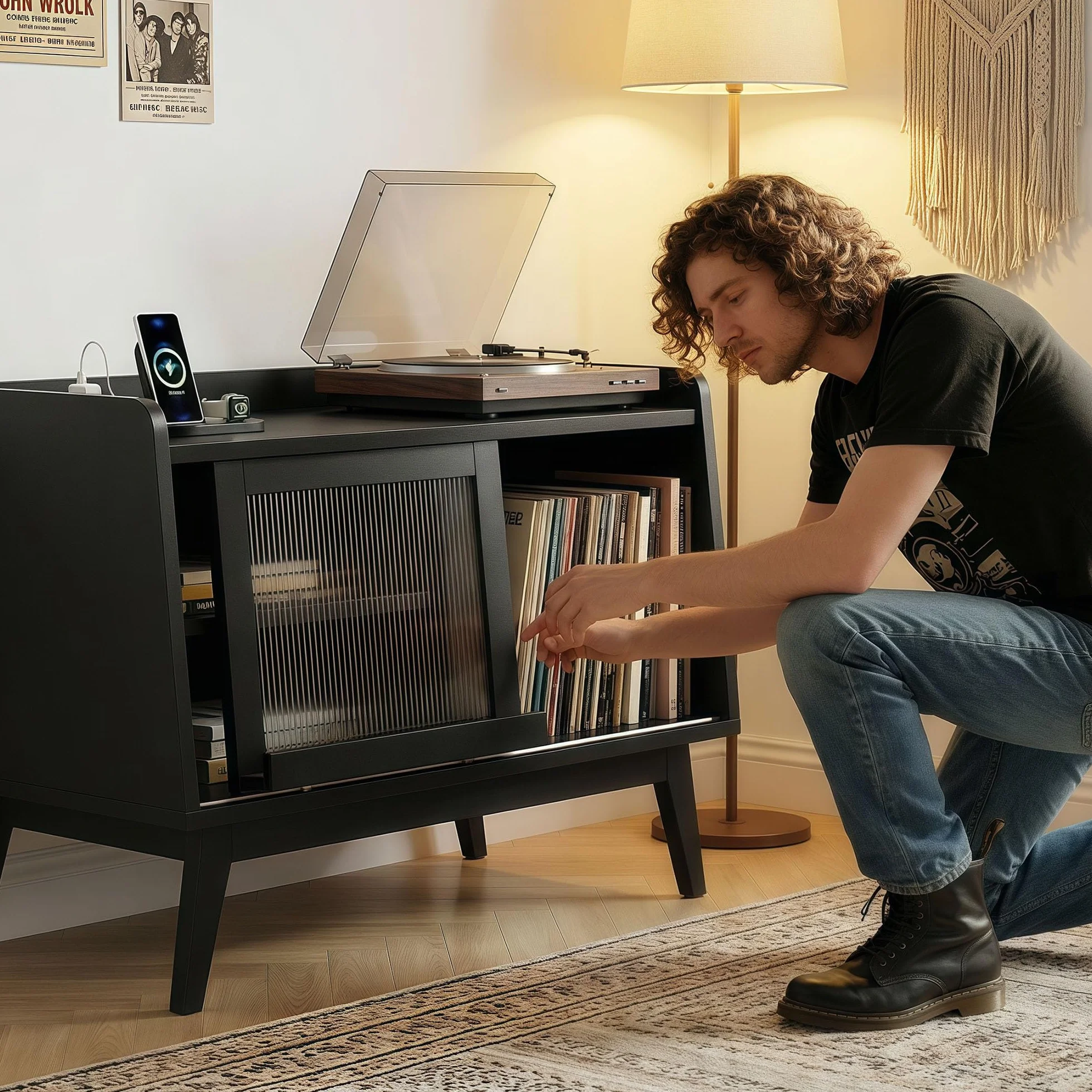 Mobile Giradischi,Con Presa di Corrente e Porta Scorrevole in Vetro Tavolo Per Giradischi in Legno, Può Contenere Oltre 200 Album,Supporto Per Giradischi Con Spazio (Black)