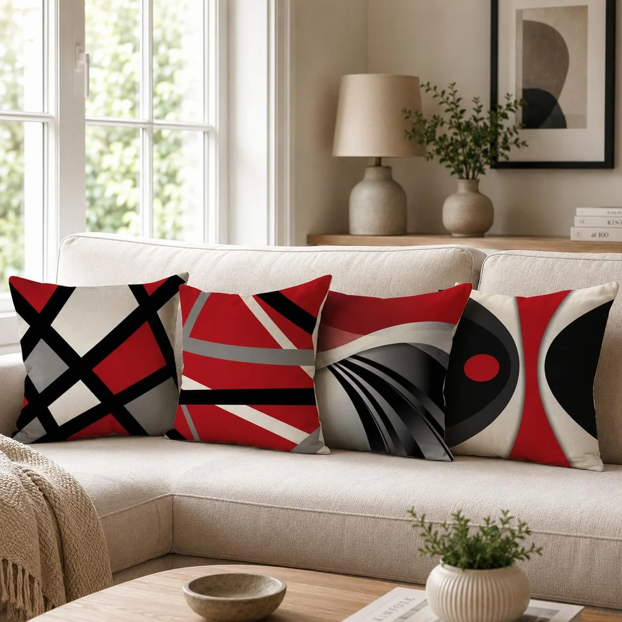 Set di 4 Fodere per Cuscini 40x40 cm Cotone e Lino Geometrico Decorativo