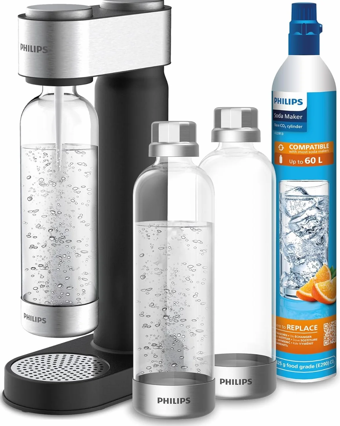 Philips ADD4902BKA/10 GoZero, 3 bottiglie d'acqua senza BPA, in plastica, 1 cilindro CO2 per fino a 60 l di acqua gassata, colore: nero