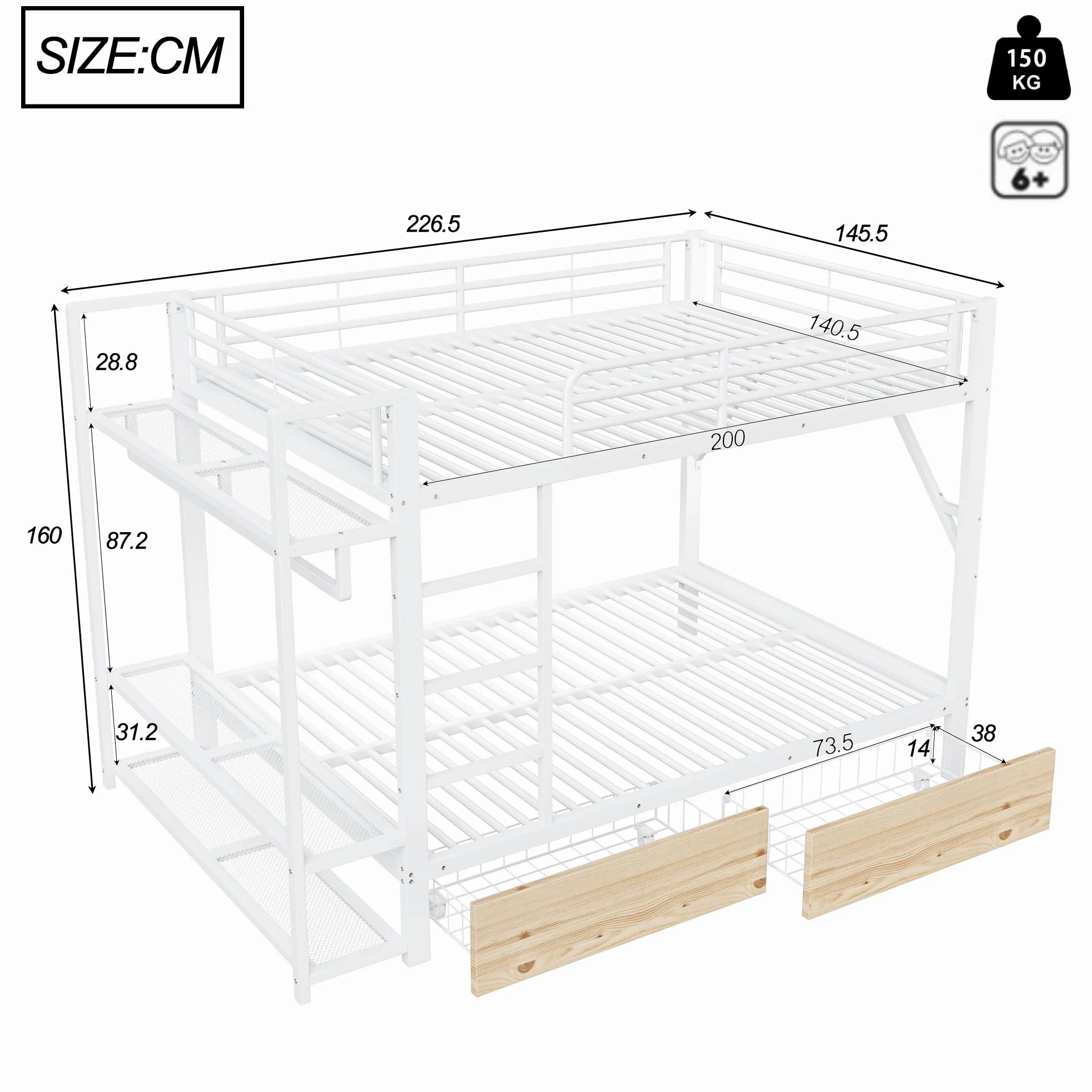 Letto a soppalco 140x200cm con striscia luminosa a LED e appendiabiti,metallo letto a castello con 2 cassetti e ripiani multipli,ferro letto matrimoniale,letti per ado,senza materasso,Bianco