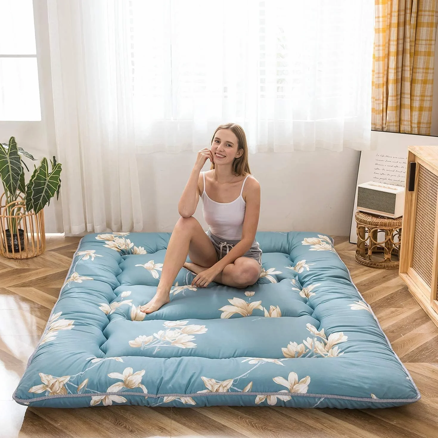 Maxyoyo Materasso da pavimento giapponese, materasso futon, tatami spesso, pieghevole, arrotolabile, per dormitorio, cuscino per pavimento (fiore blu, matrimoniale)