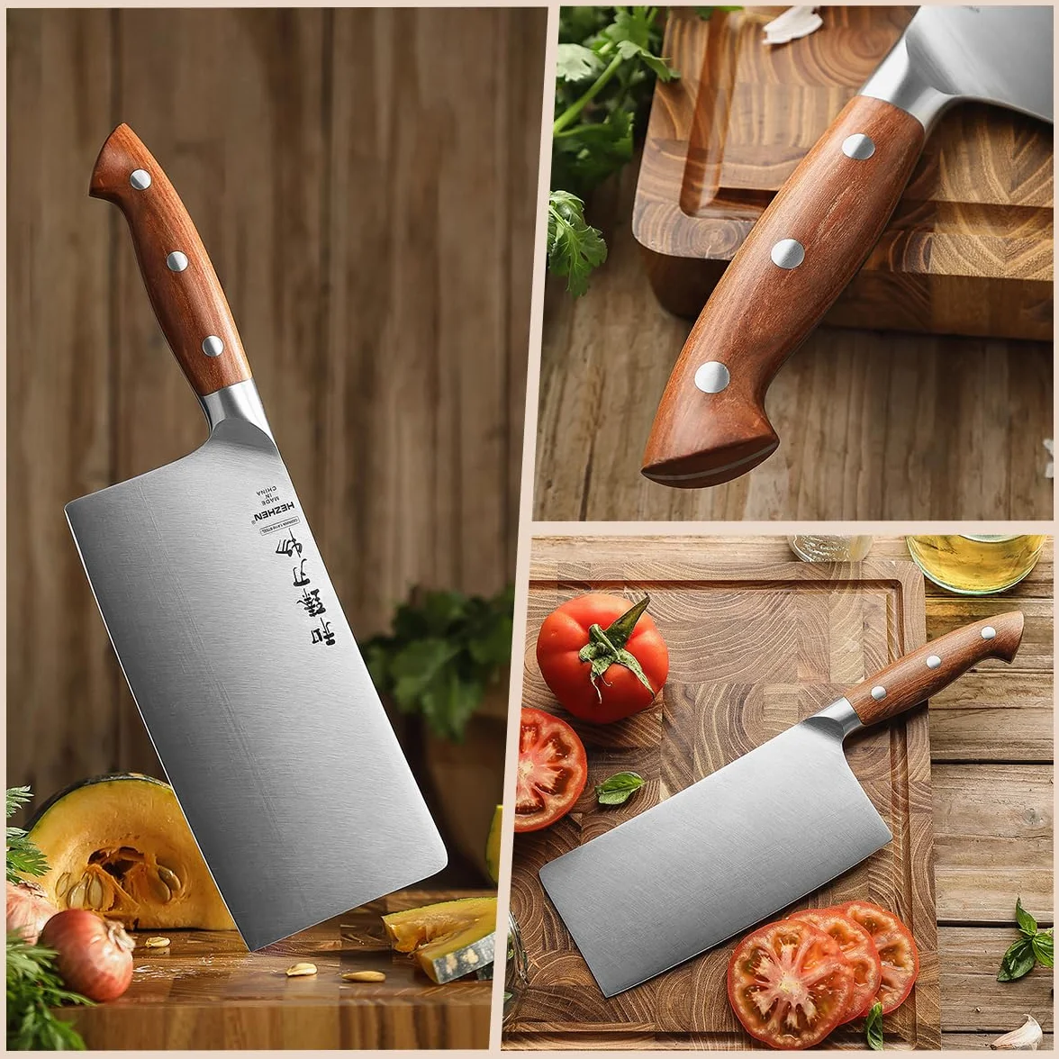 HEZHEN 18cm Mannaia per Carne, Coltello da Chef Cinese, Coltello da Cucina Multifunzionale, Manico in Redwood