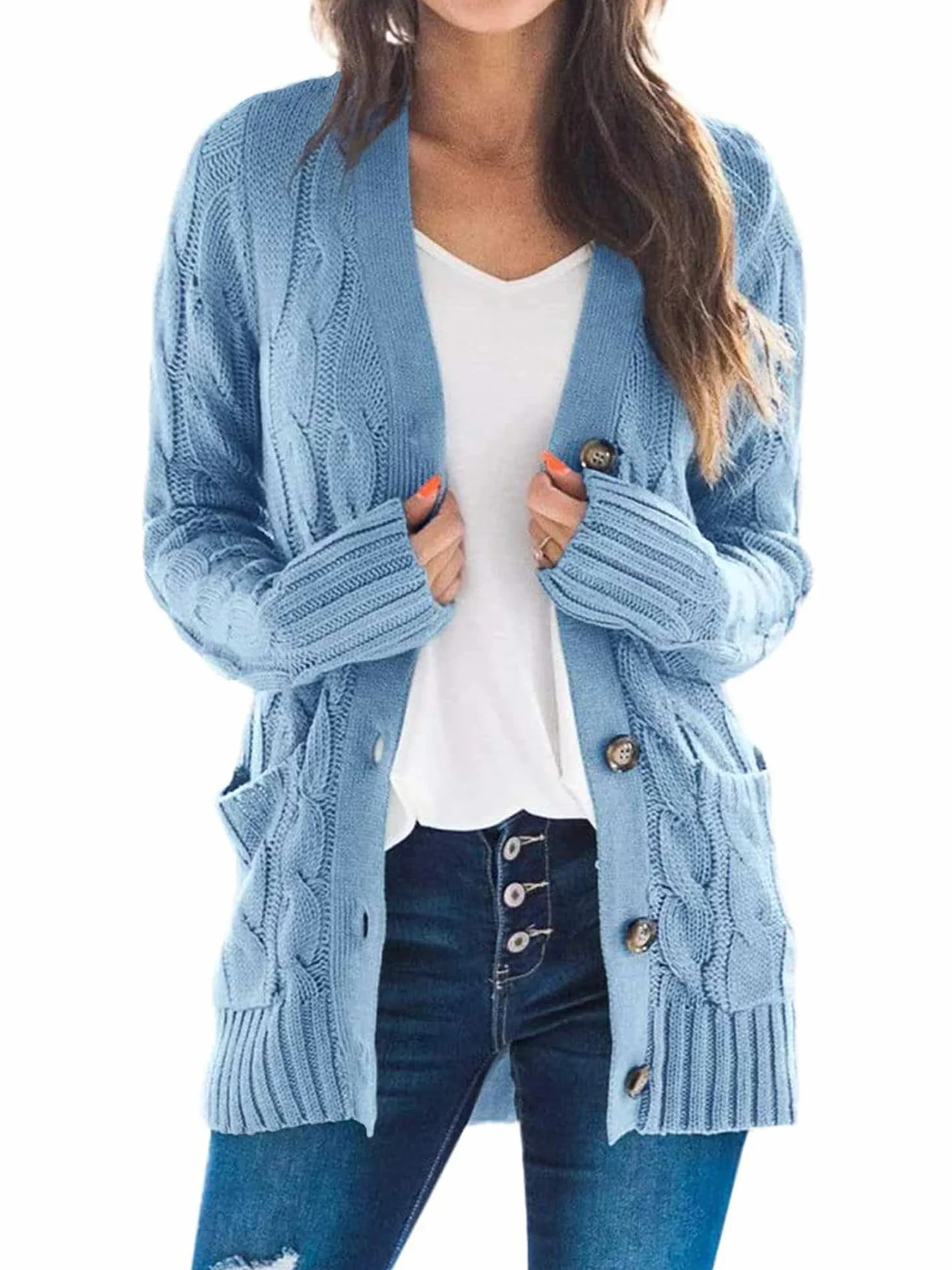 Easygou Donna Pulsante Cardigan Maglione Cappotto Cavo Maglia Grosso Maglione Oversize Morbido Manica Lunga Aperto Frontale Slouchy Pocket Outwear Cappotto