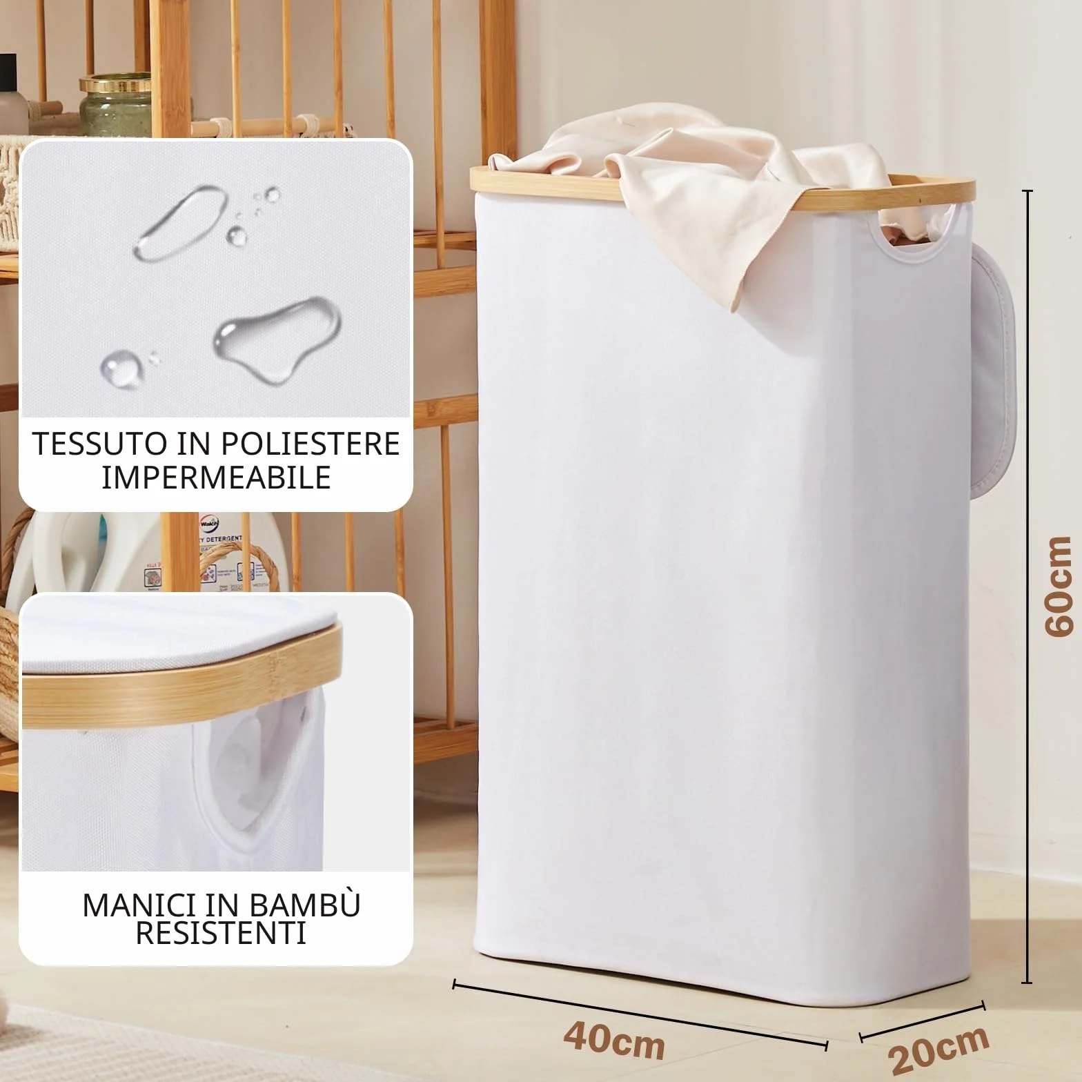 YOUDENOVA - Cesto portabiancheria con coperchio, 48 l, stretto, con sacco grande per la biancheria, pieghevole, in legno di bambù, bianco