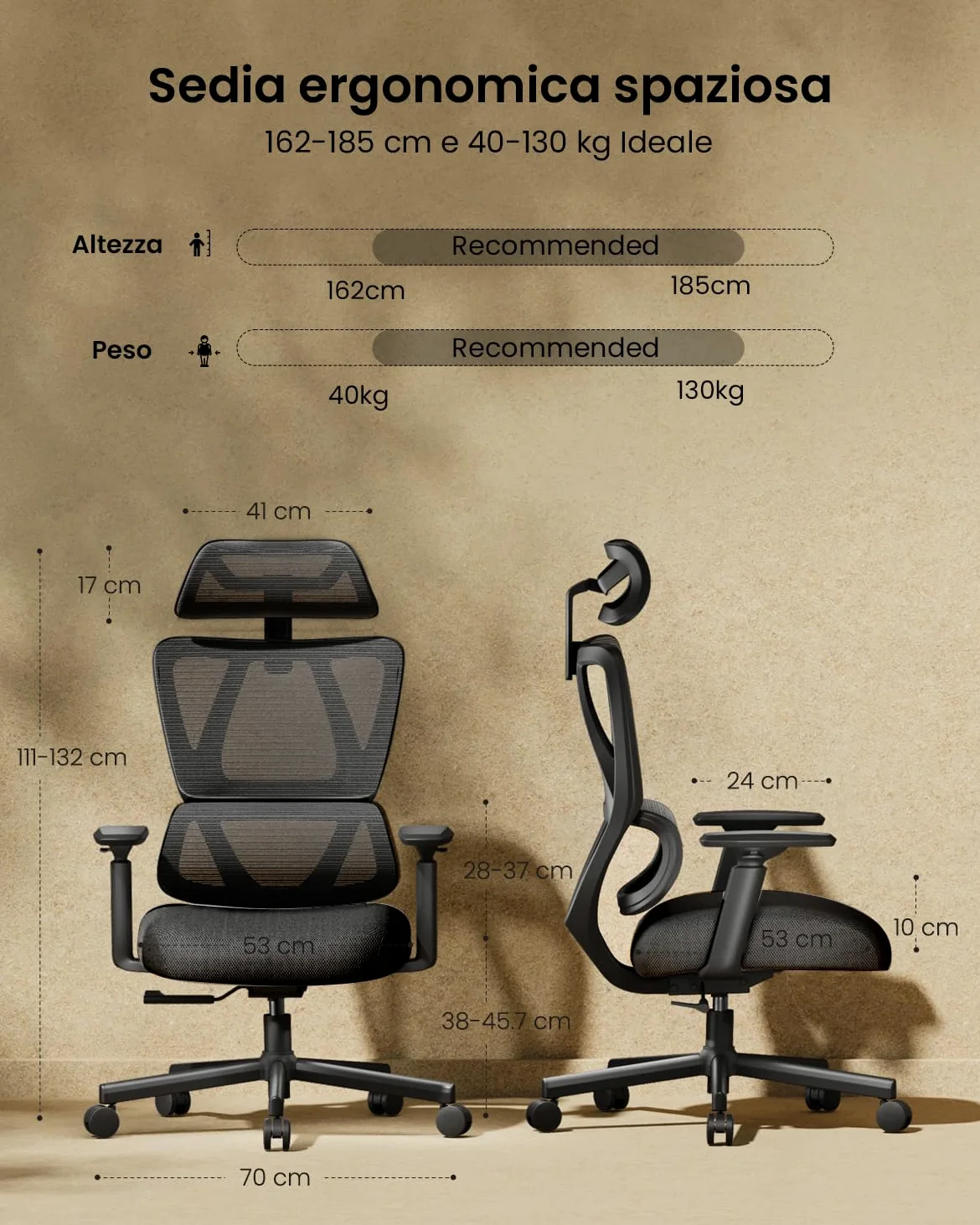 ProtoArc EC100 Sedia da Ufficio Ergonomica – Sedia da Scrivania con Cuscino a Molla da 10 cm, Supporto Lombare, Braccioli e Poggiatesta Regolabili, Sedia Girevole in Rete per Casa e Ufficio, Nera