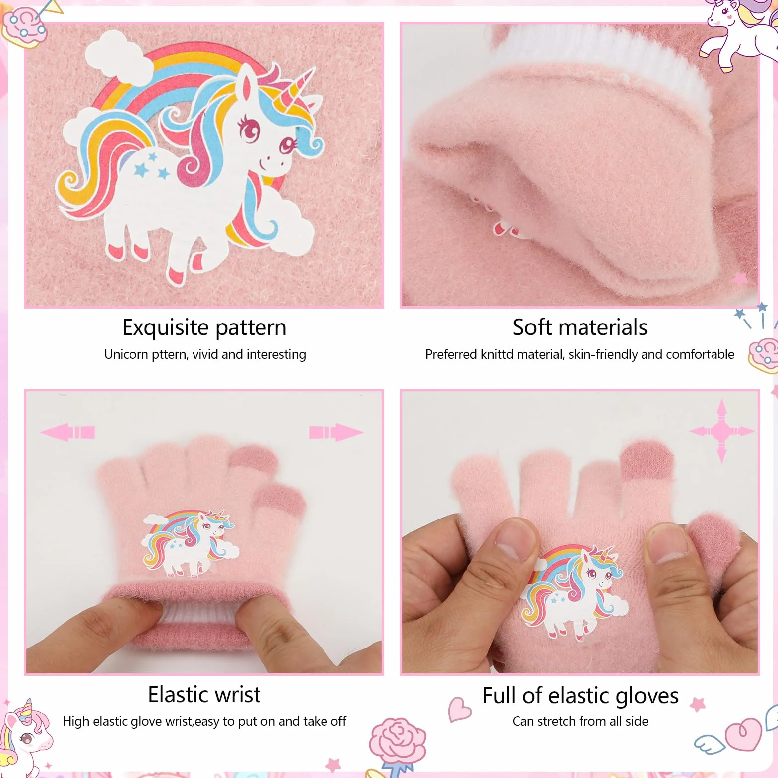 Guanti caldi in maglia per bambini, morbidi guanti termici elasticizzati invernali, muffole a dita intere con unicorno