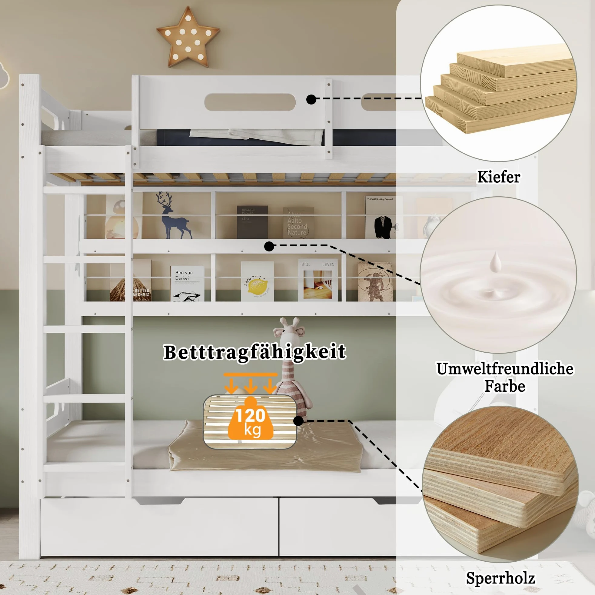 Letto a castello, 90 x 200 cm, lettino con rete anticaduta, due cassetti su ruote, scaffale aperto, scala a cinque livelli, ampio spazio di archiviazione, pino+MDF, bianco