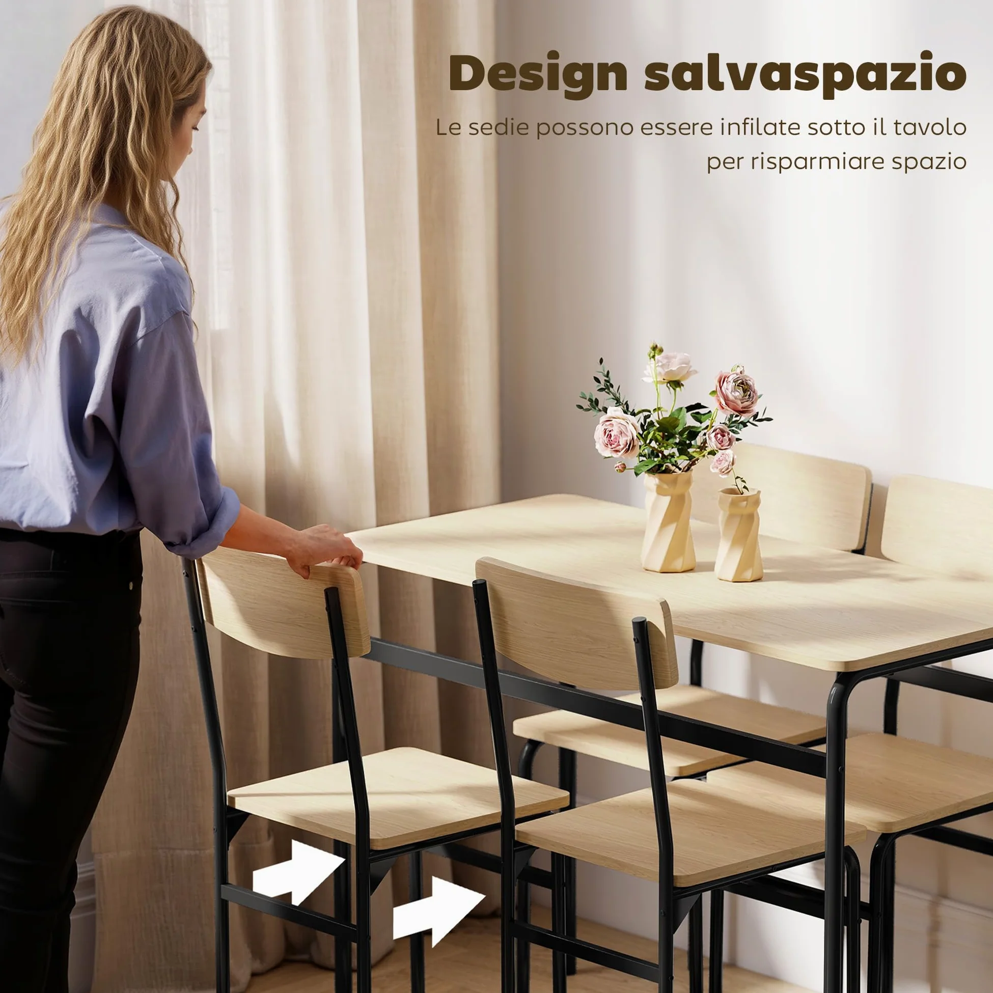 HOMCOM Set Tavolo e Sedie Sala da Pranzo 5 Pezzi, Tavolo da Pranzo Rettangolare e 4 Sedie in Legno e Metallo, Salvaspazio, Design Industriale, per Soggiorno Salotto Cucina, Nero e Color Legno