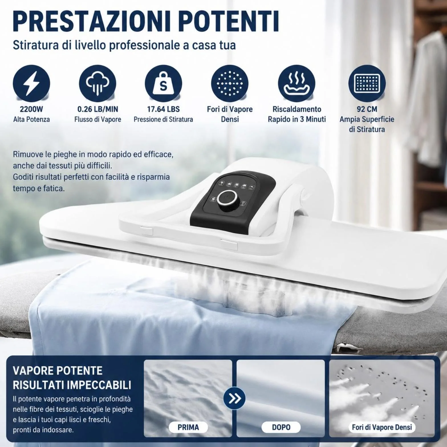 Pressa a vapore professionale, 2200 W, macchina da stiro intelligente, 91 cm, intervallo di temperatura 90-200 °C, 5 livelli di temperatura, forza autobloccante 8 kg, stiratura super veloce (bianco)