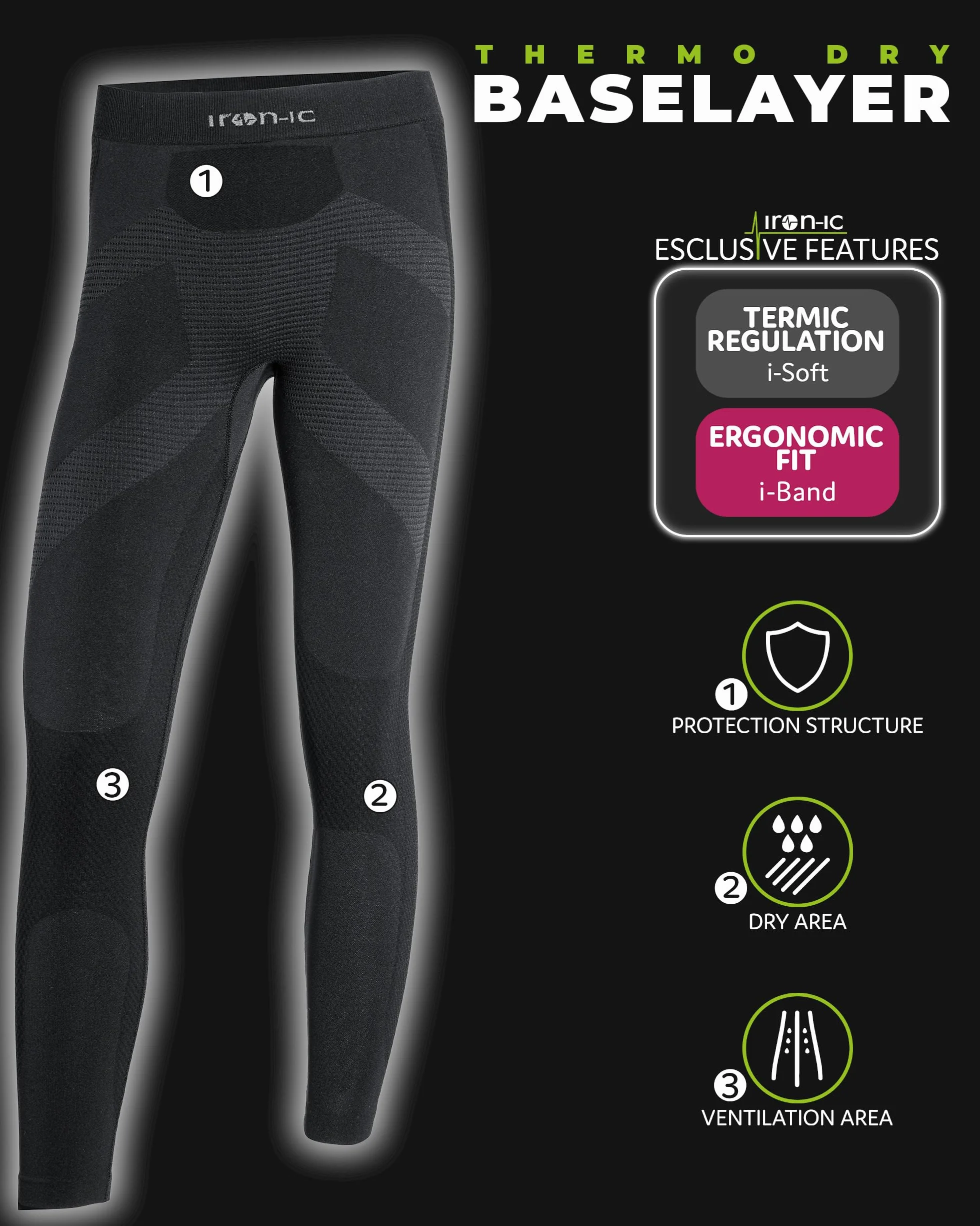 Iron-Ic - Leggings Tecnici Bambino Thermo Dry Seamless Traspiranti con Tecnologia I-Soft - Comfort Termico e Fitting Slim - Art. 600762