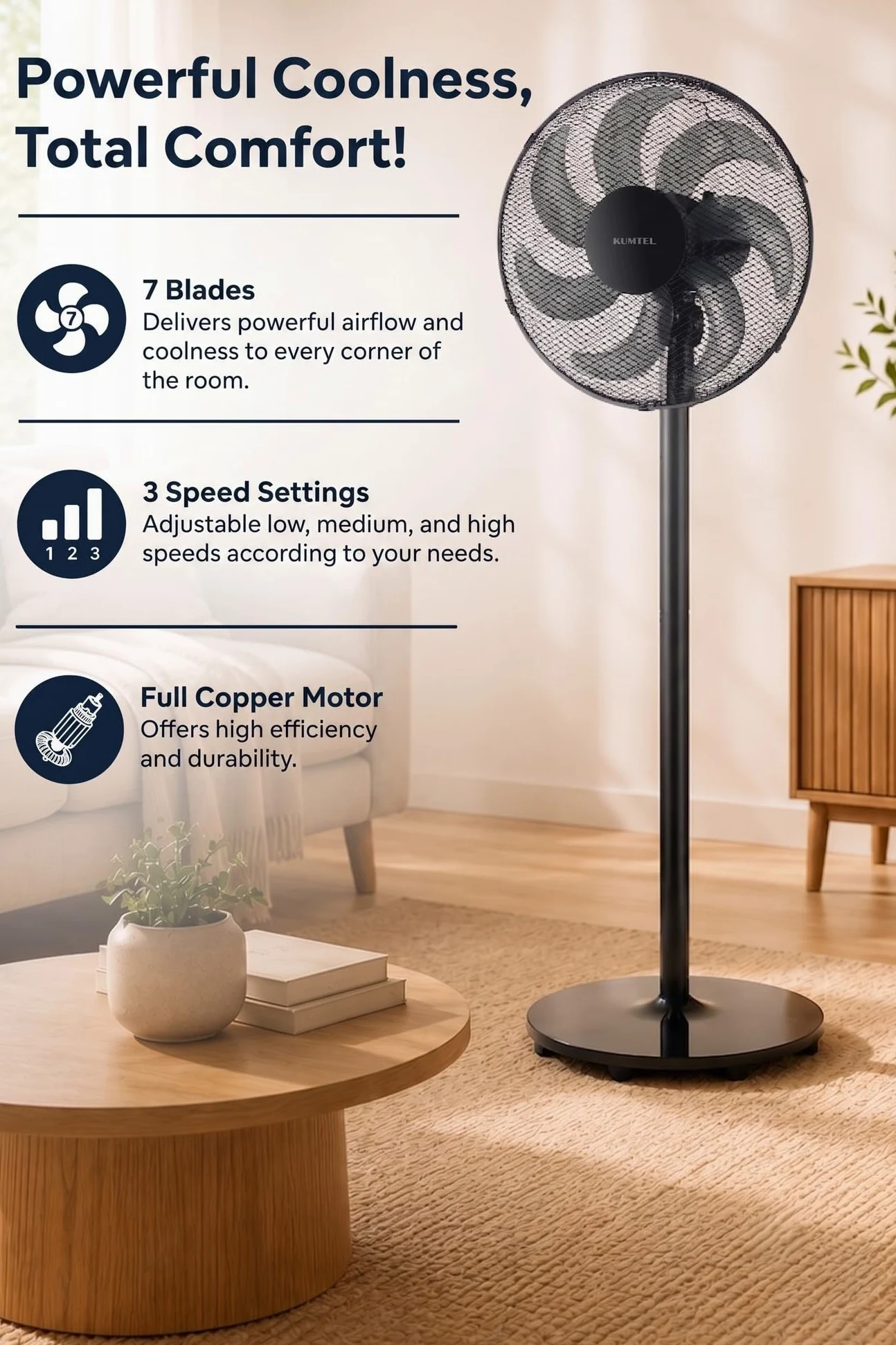 Opviq Kumtel Potente Ventilatore Nero 50W 130cm Altezza Regolabile 7 Pale 3 Velocità Silenzioso Motore In Rame Efficiente