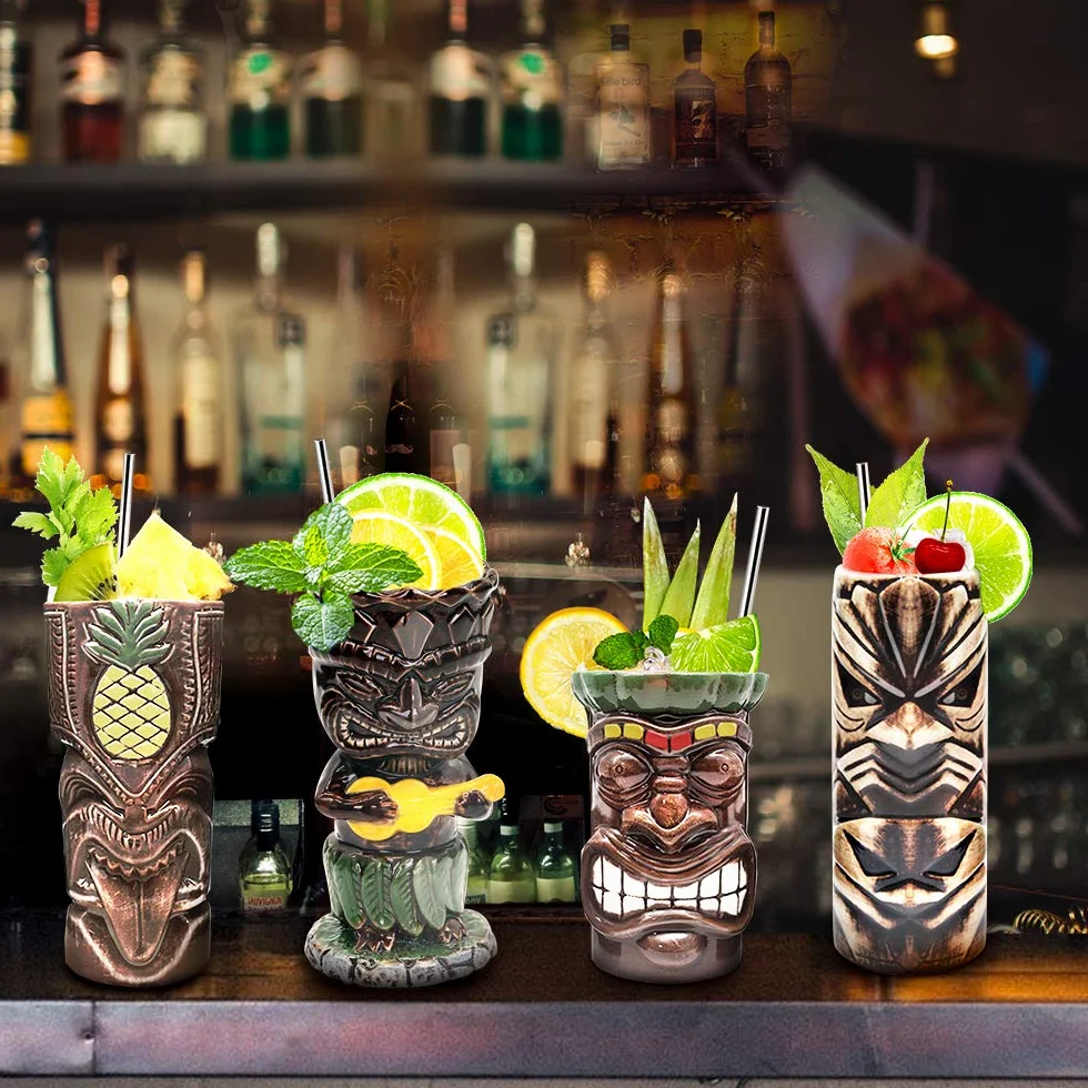 Tiki Bicchieri in Ceramica Set di 4 - Tazze Grandi Cocktail Hawaiian Luau Party Tiki Bar