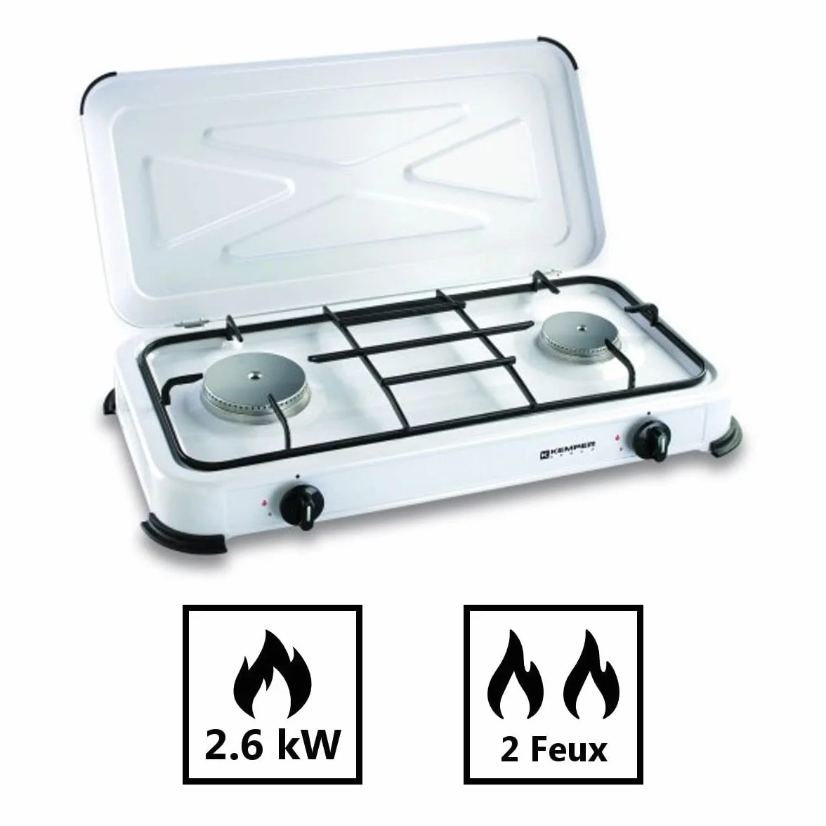 KEMPER Fornello a gas portatile 2 fuochi 2600 W bianco laccato