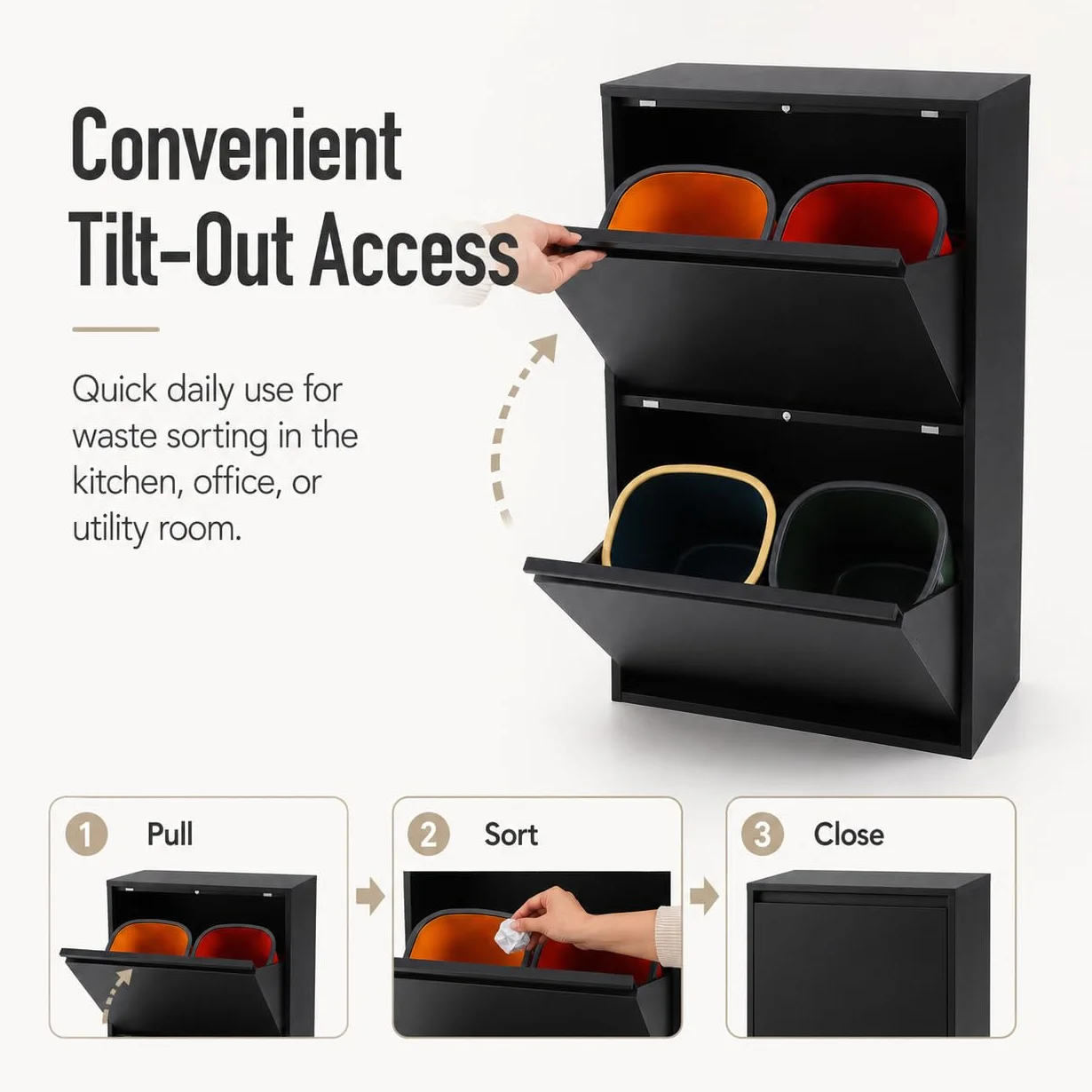 Sistema di raccolta differenziata con 4 contenitori da 15 l, pattumiera da cucina con armadio (nero) | 56 x 24,5 x 91 cm, acciaio laminato a freddo, 4 contenitori da 15 l, montaggio a parete, per cucina, ufficio, commercio
