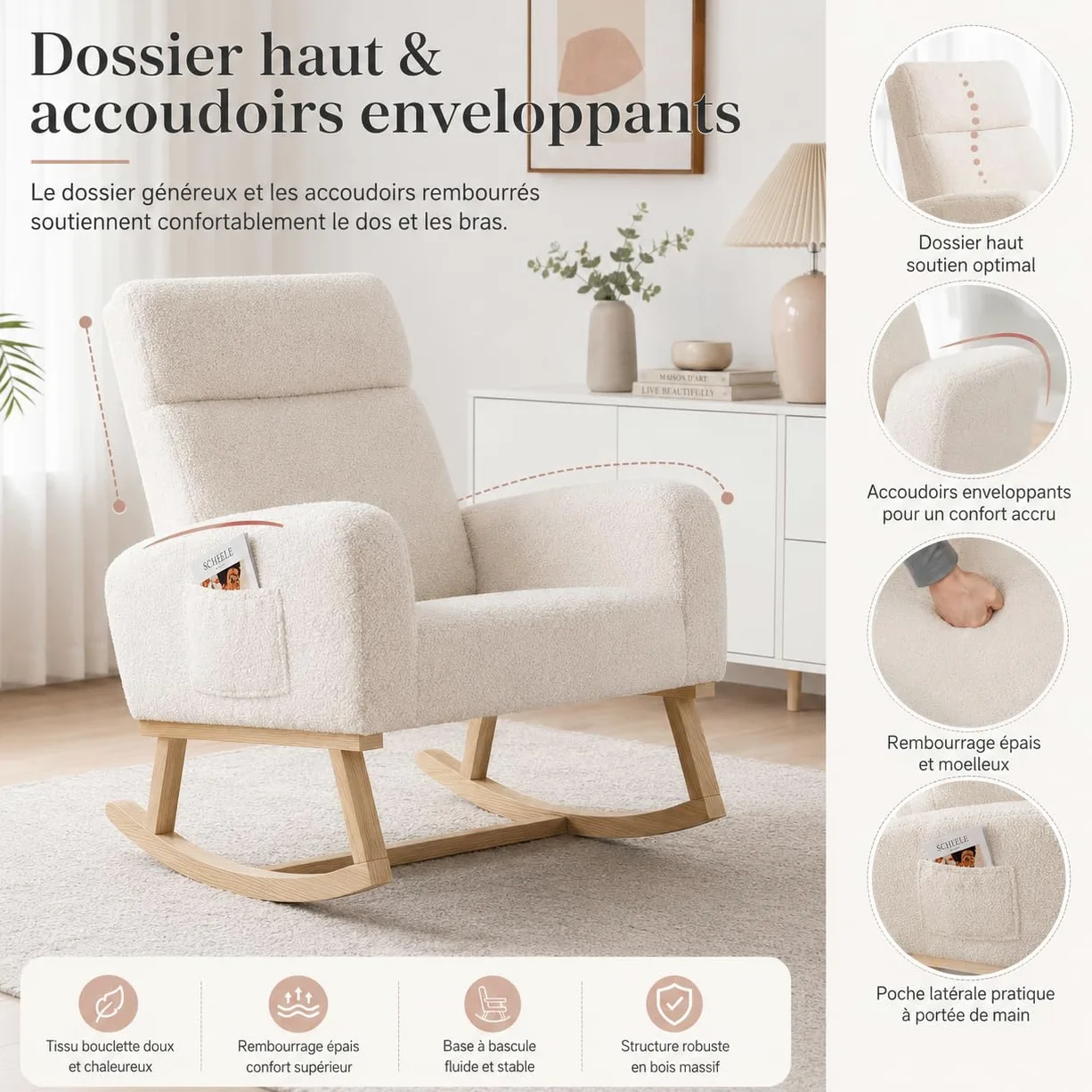 BRILVERDE Sedia a Dondolo, Poltrona Dondolo con Tasche Laterali Gambe in Legno massello, Allattamento al Seno, Sedia per Il Tempo Libero, Adatta per Soggiorno e Camera da Letto (Beige)