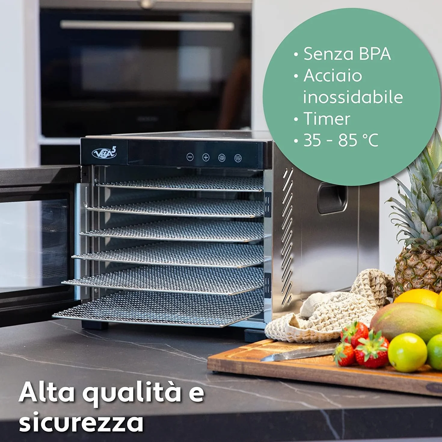 Vita5 Essiccatore Alimentare con 6 Vassoi in Acciaio Inox - Essicatore Frutta e Verdura 24 Ore Timer - Disidratatore Alimenti Temperatura Regolabile 35-75°C - 650W Essiccatore da Casa in Inox