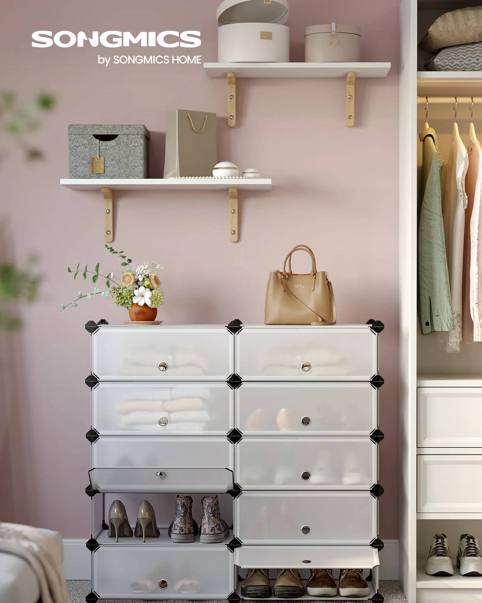 SONGMICS Scarpiera 10 Scomparti Scaffale Componibile Plastica Armadietto Portascarpe Bianco LPC10W