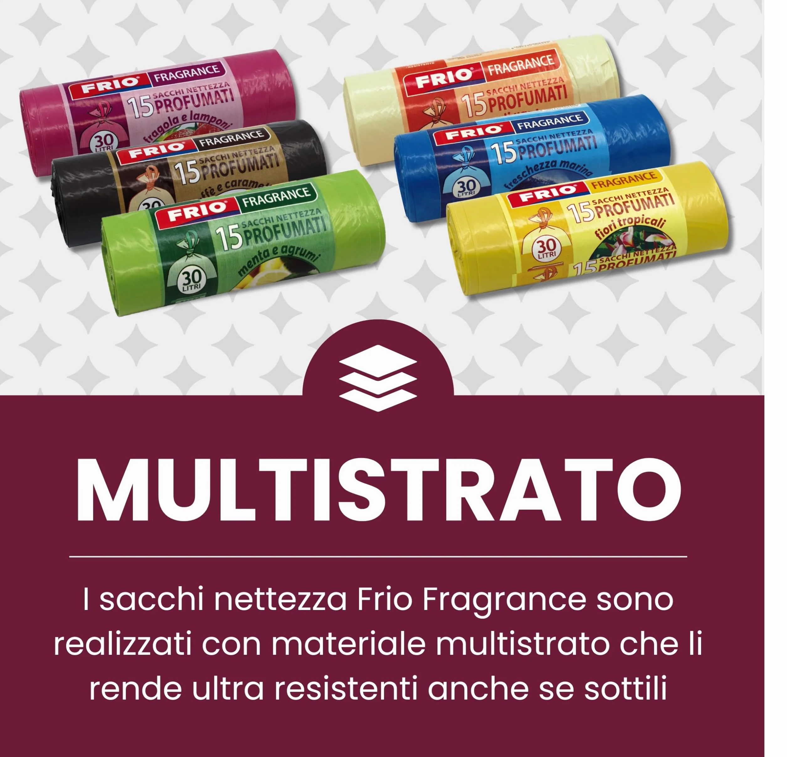 FRIO Multifrutti - 90 Sacchetti spazzatura 30 Litri Profumati, 6 Confezioni da 15 Sacchi immondizia con 6 aromi, colori assortiti - 52x58 cm - Buste per pattumiera resistenti, piccoli, differenziata