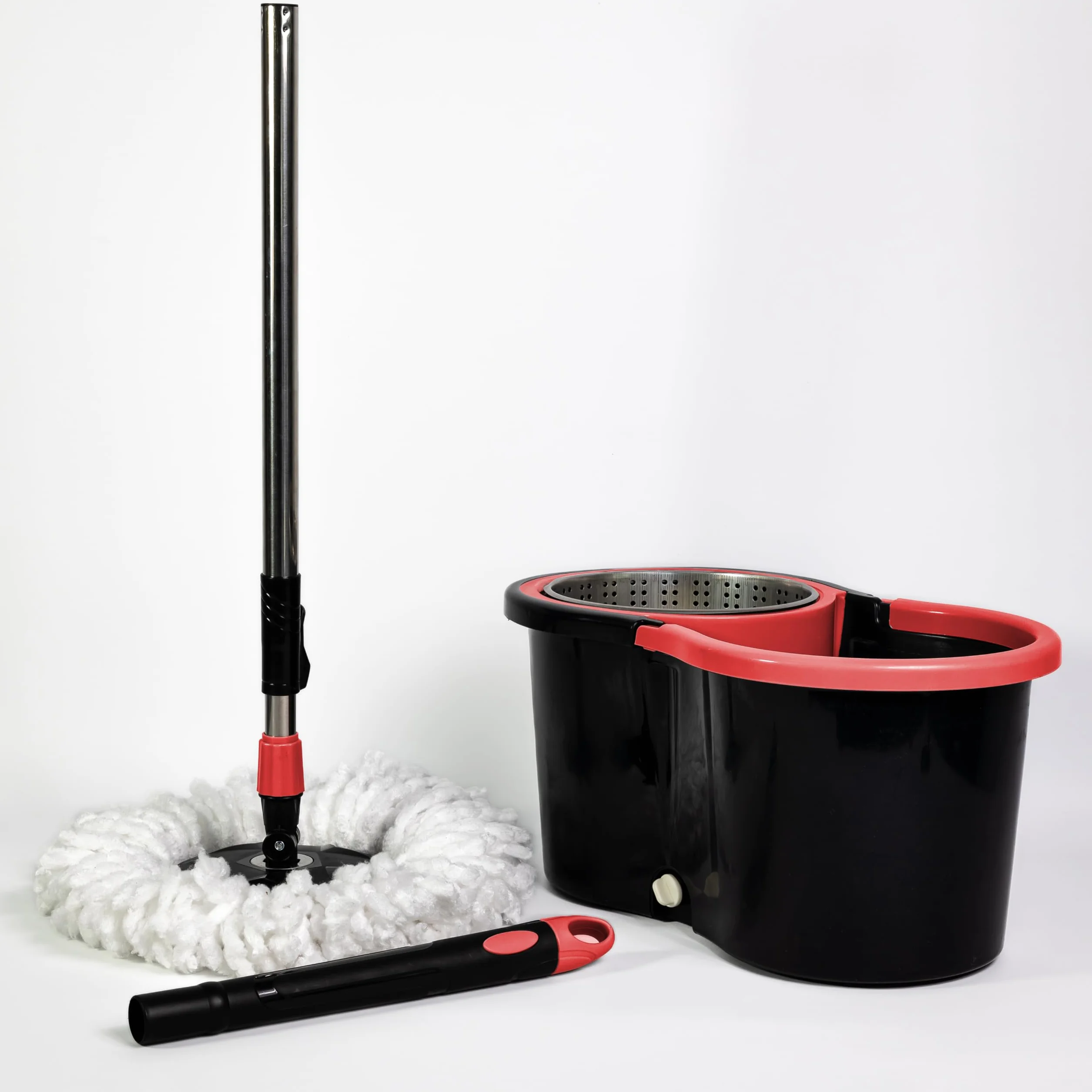 Meridiana - Spin mop Lavapavimenti Con Sistema di Strizzatura Manuale attivabile attraverso il Manico, Set per la Pulizia dei Pavimenti con Secchio e Cestello in ACCIAIO INOX, Panno 100% Microfibra