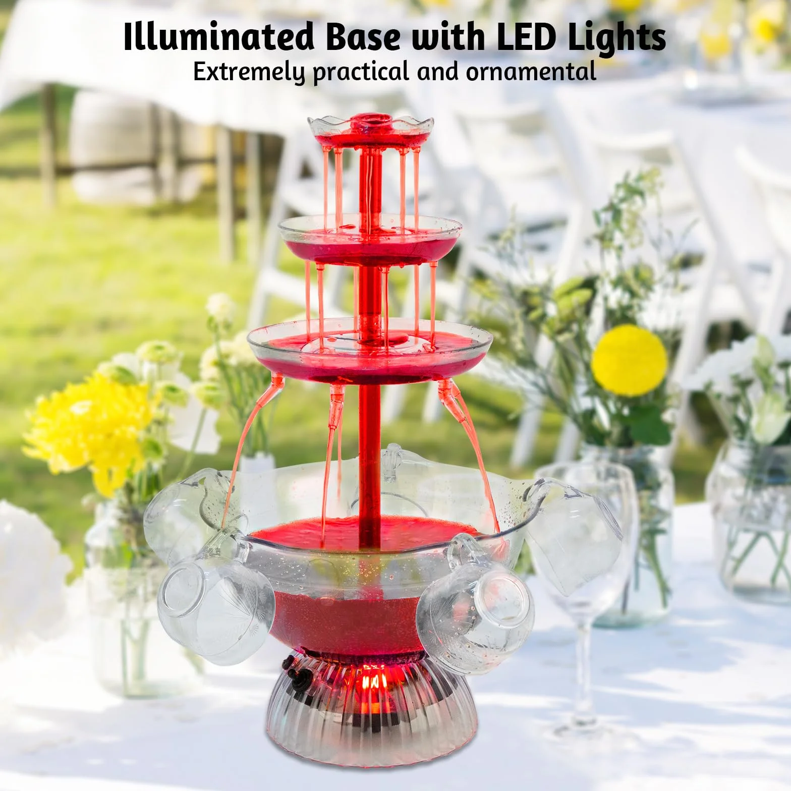 Fontana trasparente a 3 livelli, fontana per feste di vino rosso, con 5 tazze, per vino liquido, base illuminata a LED, posizionamento stabile, per giochi da bere, bar, feste di compleanno