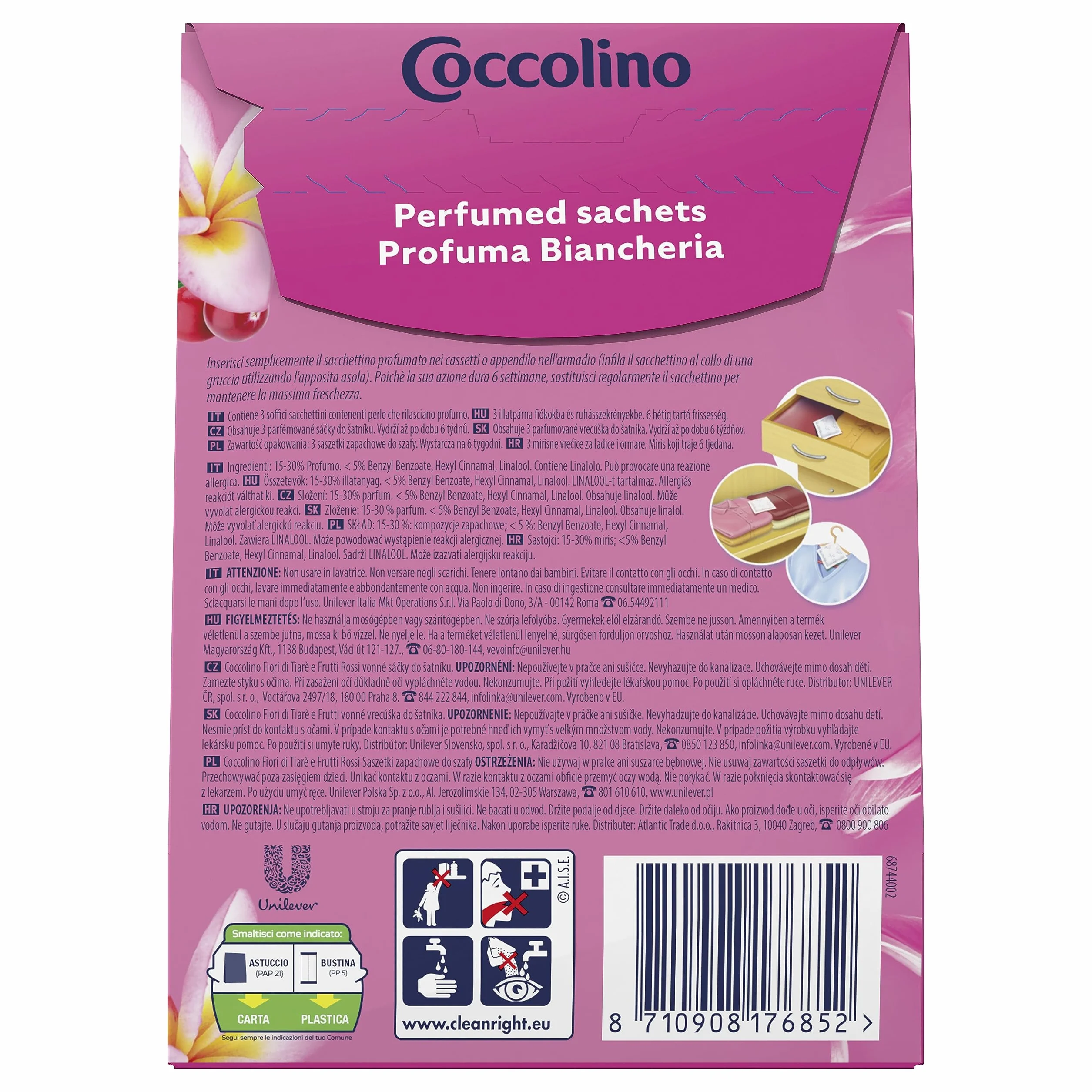 Coccolino Profuma Biancheria, 3 Sacchetti per Ogni Confezione di Fragranze Assortite, Profumo Primavera, Fiori di Tiarè & Frutti Rossi, Ylang Ylang, Confezione da 12 per un Totale di 36 Sacchettini