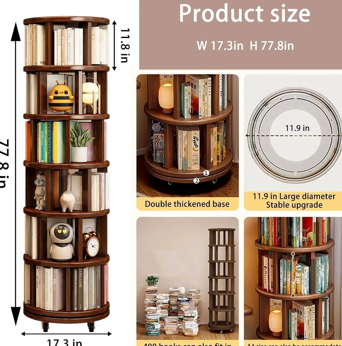 Libreria Rotante a 360° in Legno Massello, Scaffale Girevole a 6 Ripiani con Ruote, Salvaspazio per Salotto, Studio, Camera da Letto e Ufficio, Design Moderno