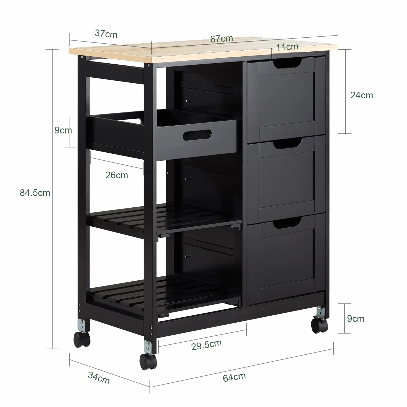 SoBuy Carrello Cucina con 3 Cassetti e 1 Cestino, Mobiletto Cucina Salvaspazio con 4 Ruote Girevoli, Credenza Cucina o Bagno, Mobiletto Cucina Dispensa, L68 x P38 x A85 cm, nero,FKW79-SCH